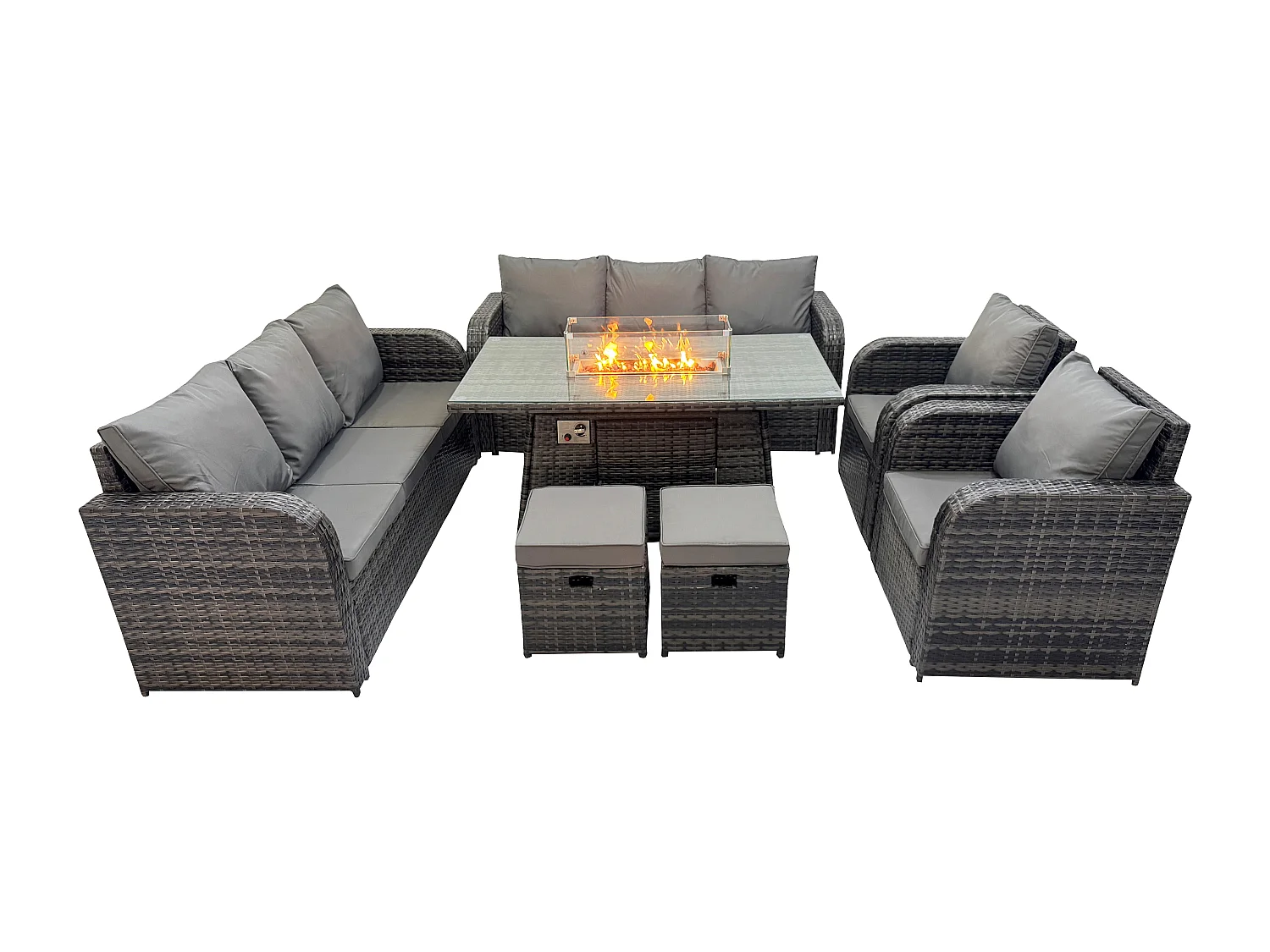 Fimous Outdoor Rattan Garden Furniture High Back Sofa Set Fire Pit Dining Table Gas Heater 2 Recling Chairs 3 Seater Lounge Sofa Footstools 10 Seater