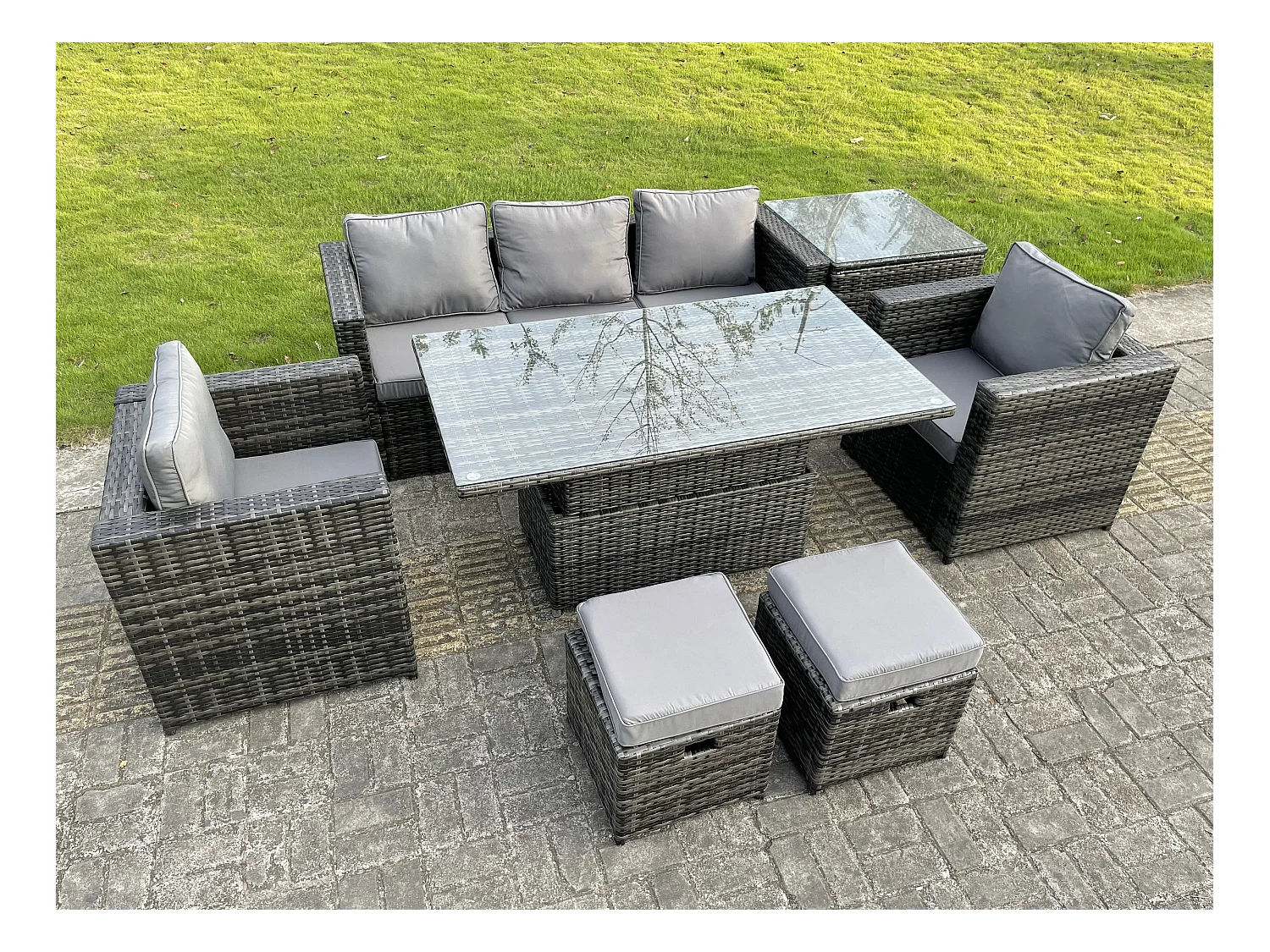 Mobilier de jardin extérieur en rotin ave Canapé Table à manger réglable en hauteur Tabourets Chaise Table d'appoint