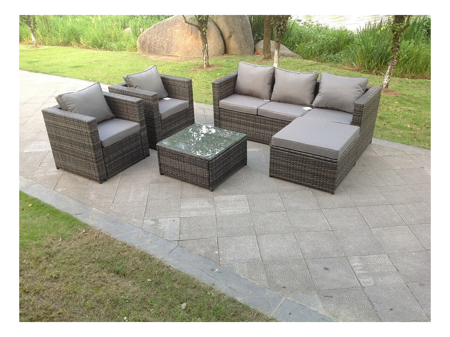 6 places Meubles de Jardin en rotin ave Canapé Table basse Grand Tabourets 2 Chaise Mélange gris foncé