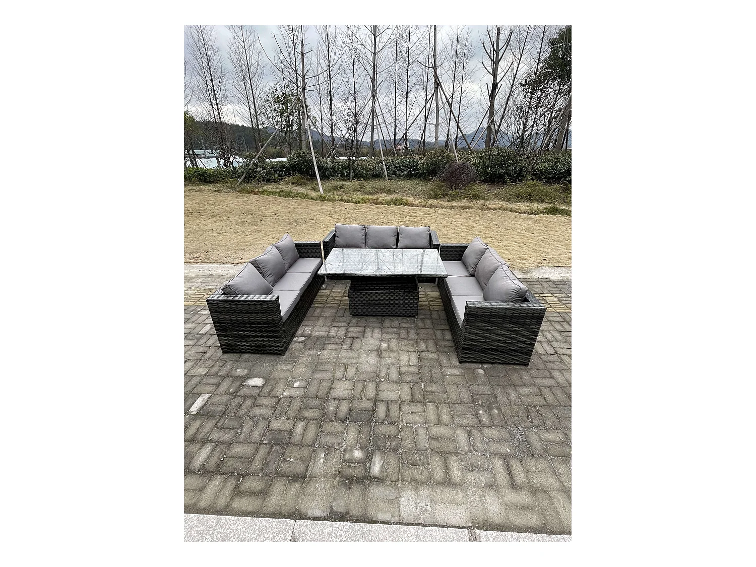 9 Places Meubles de jardin en rotin ave Table à manger réglable en hauteur 3 Places canapé Mélange gris foncé