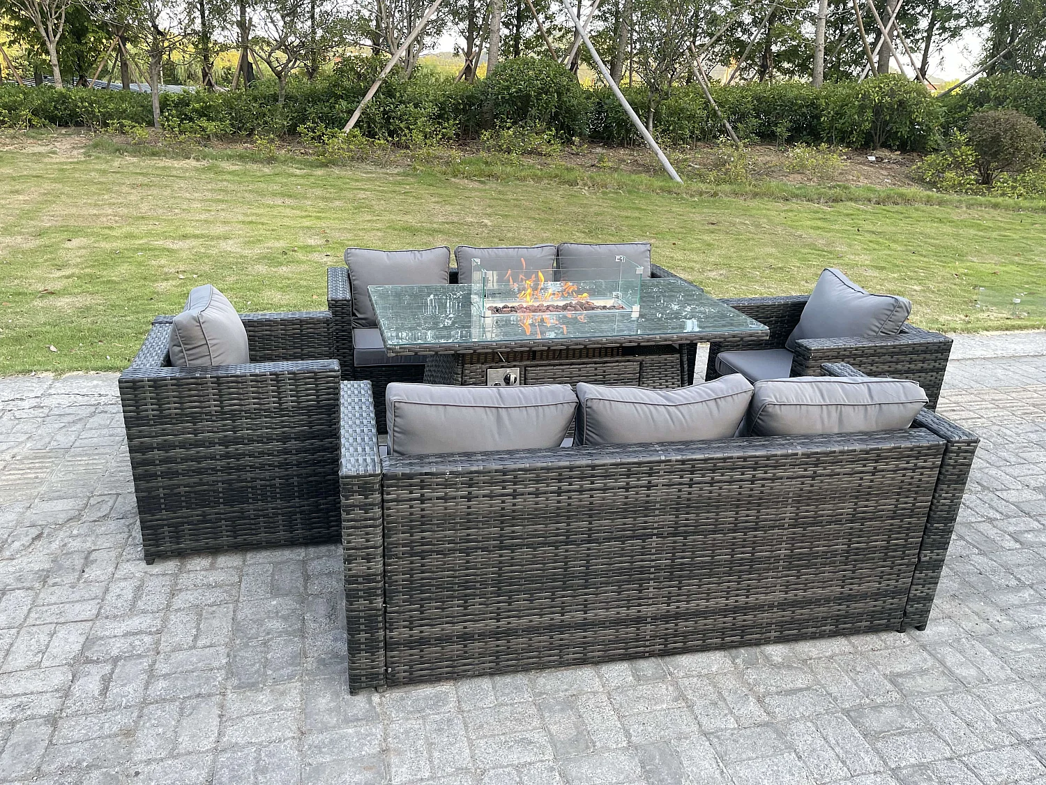 Fimous Outdoor Rattan Garden Furniture Gas Fire Pit Table Sets Gas Heater Lounge Chairs Dark Grey 8 Seater