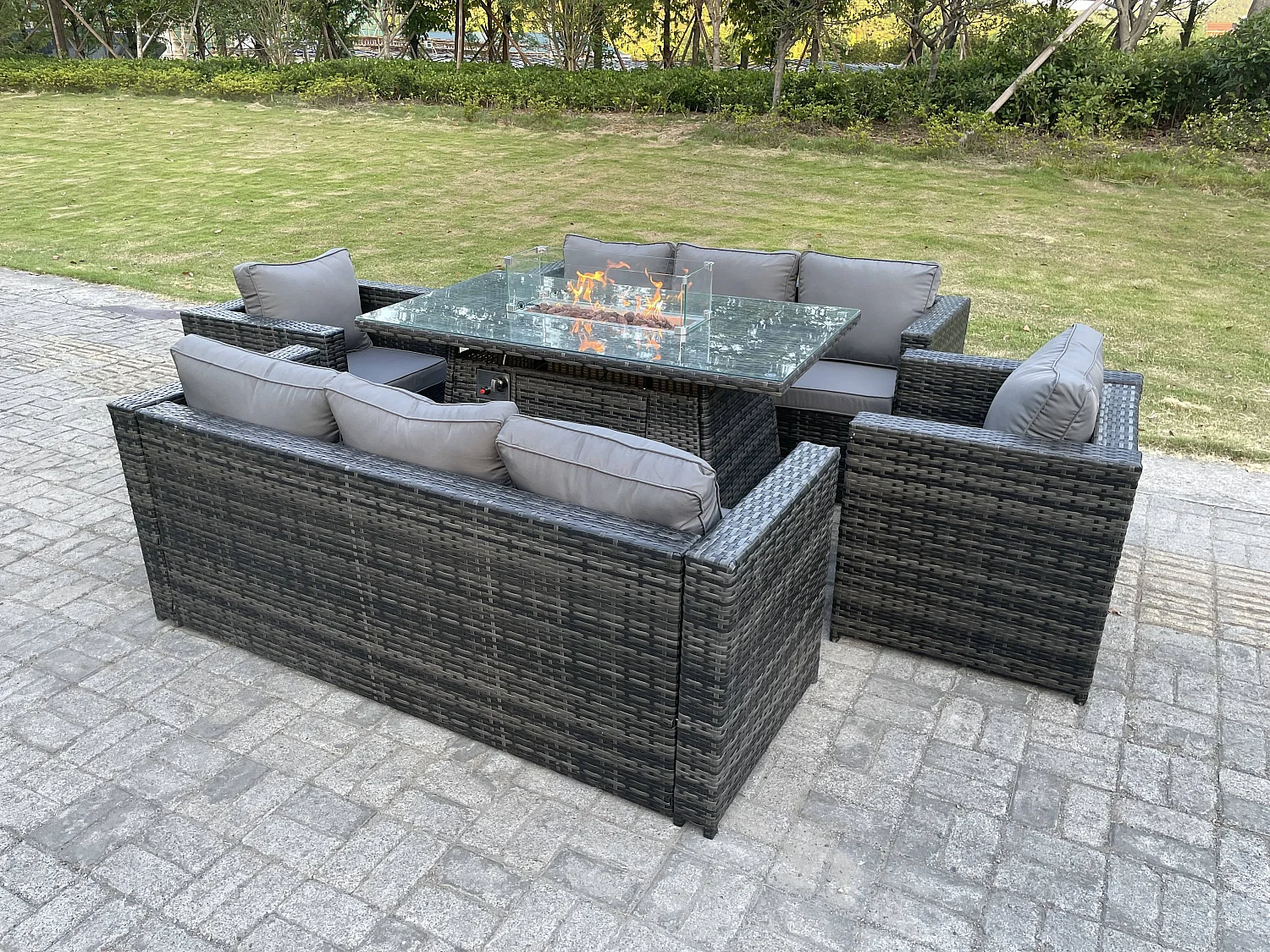 Fimous Outdoor Rattan Garden Furniture Gas Fire Pit Table Sets Gas Heater Lounge Chairs Dark Grey 8 Seater