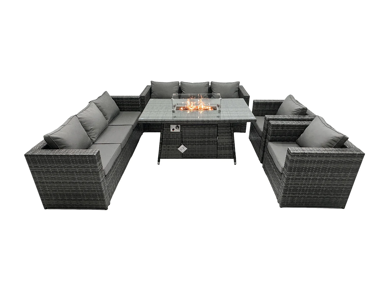 Fimous Outdoor Rattan Garden Furniture Gas Fire Pit Table Sets Gas Heater Lounge Chairs Dark Grey 8 Seater