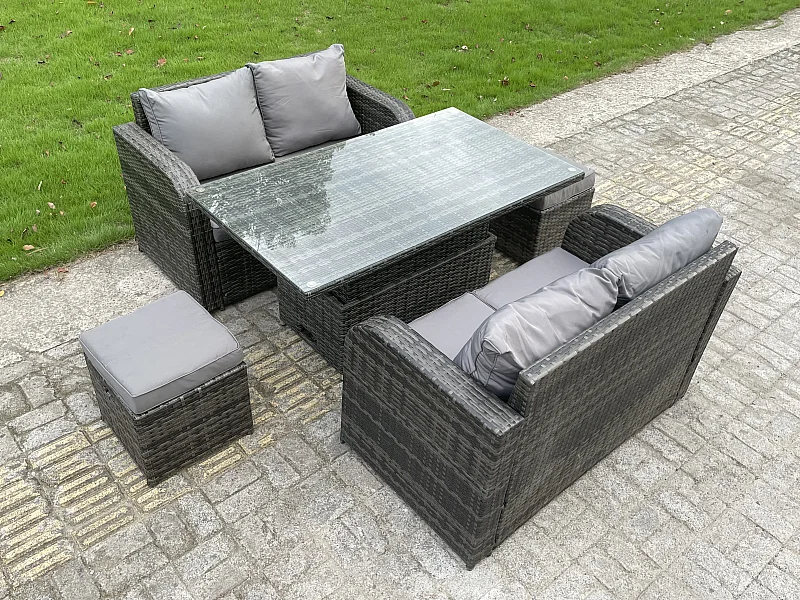 6-Sitzer Rattan Gartenmöbel Set mit Einstellbare Höhe Esstisch Love Sofa Beistelltisch