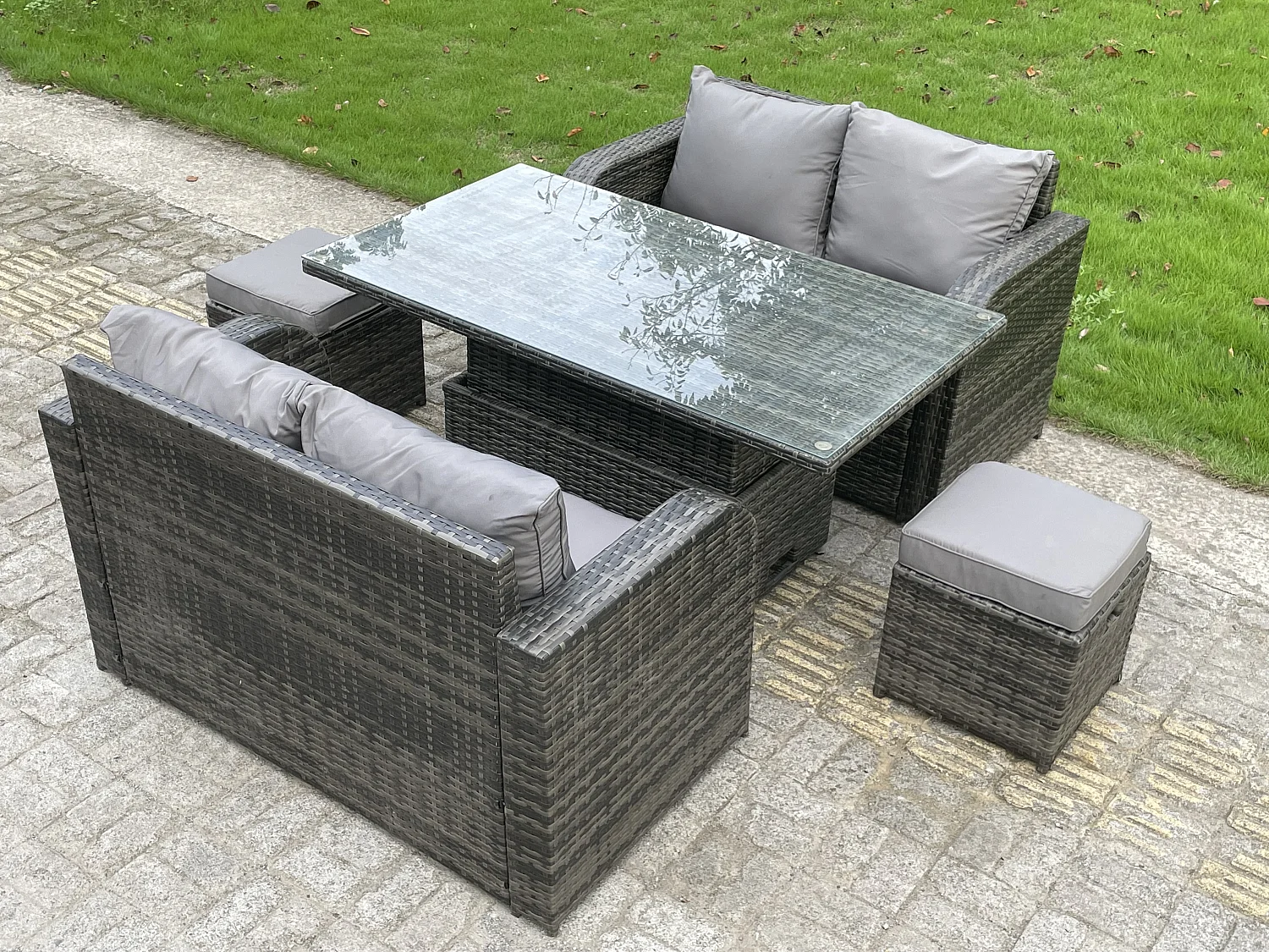 Fimous PE Rattan Garden Furniture Sofa Set Dining Table Height Adjustable Rising lifting Table Two Seater Double Love Sofa