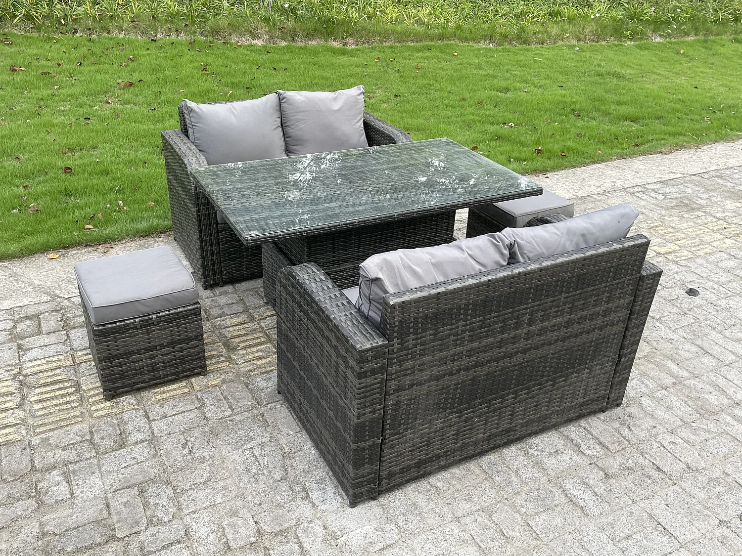 Fimous PE Rattan Garden Furniture Sofa Set Dining Table Height Adjustable Rising lifting Table Two Seater Double Love Sofa