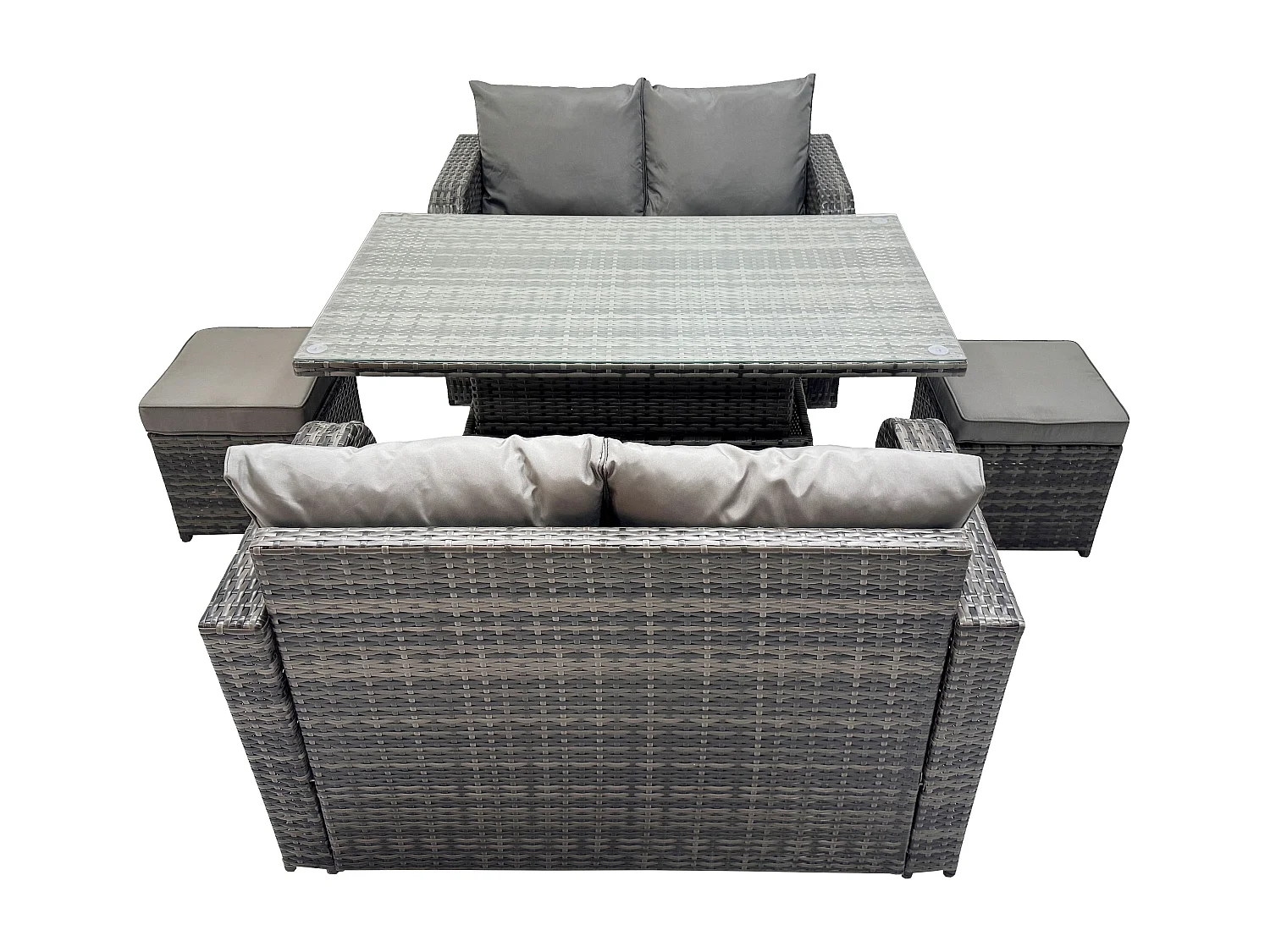 Fimous PE Rattan Garden Furniture Sofa Set Dining Table Height Adjustable Rising lifting Table Two Seater Double Love Sofa