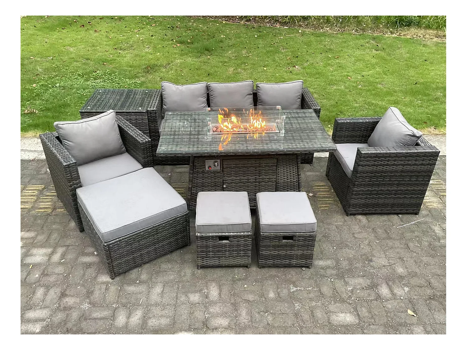 8 Places Meubles de jardin en rotin ave Table de foyer à gaz canapé 2 Chaises 3 Tabourets Table d'appoint Mélange gris foncé