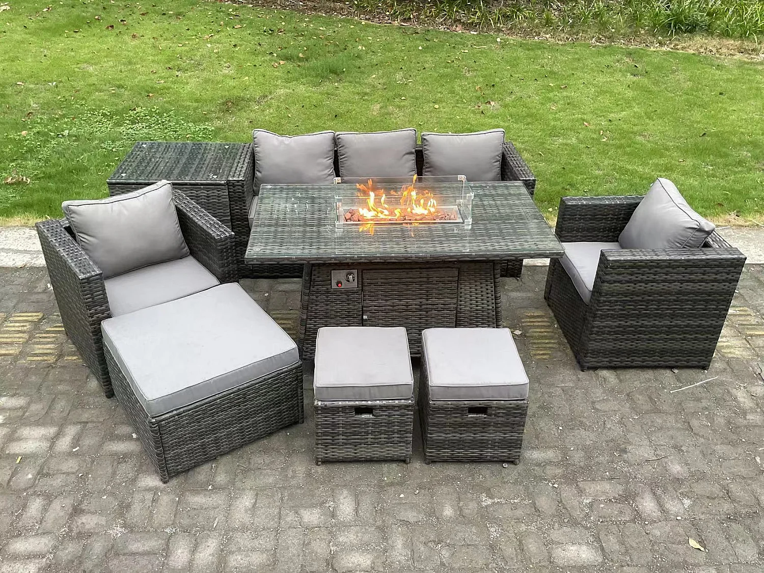 8 Places Meubles de jardin en rotin ave Table de foyer à gaz canapé 2 Chaises 3 Tabourets Table d'appoint Mélange gris foncé