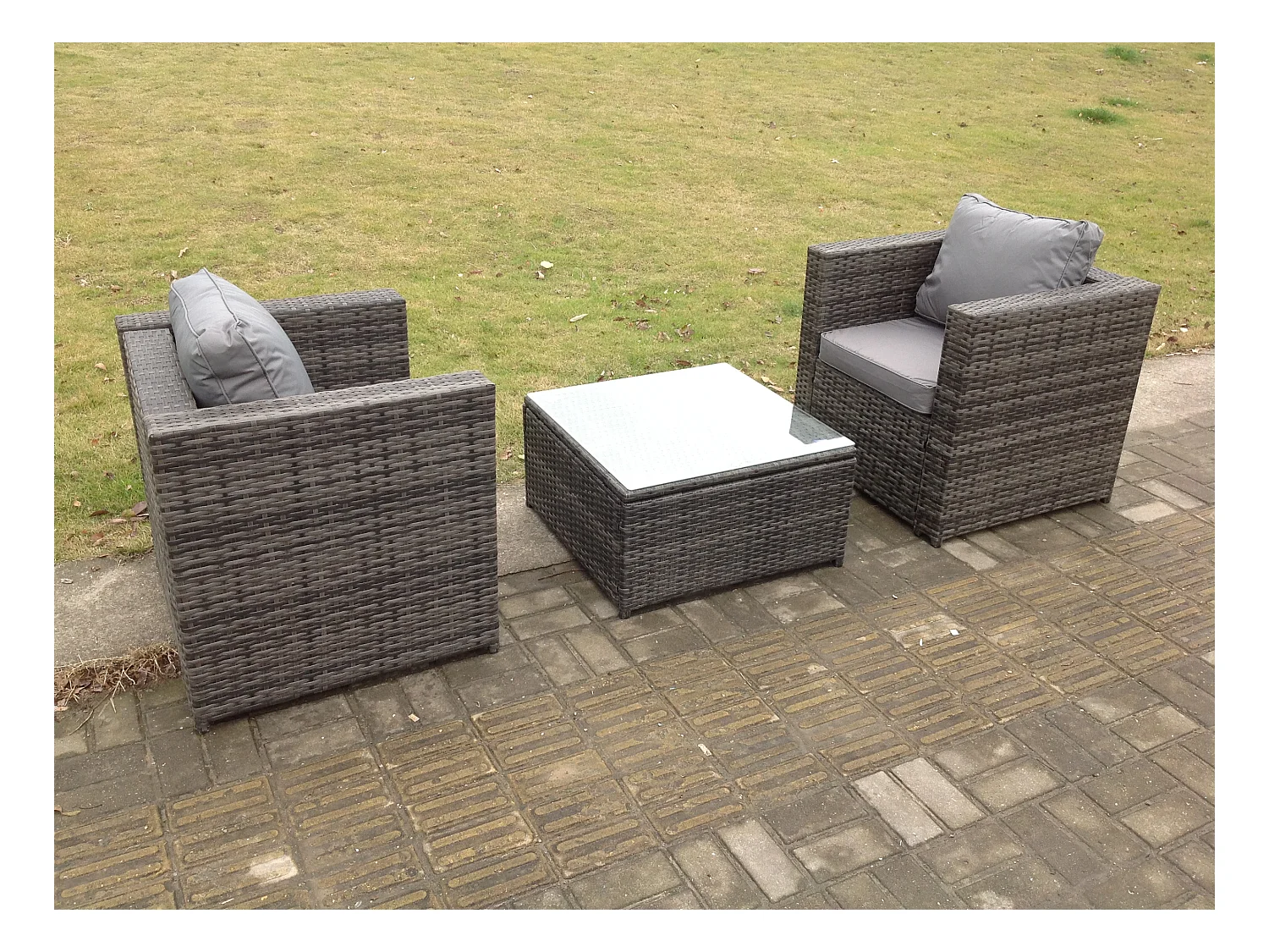 Rattan Gartenmöbel Set mit 2 Sessel Quadratischer Couchtisch Hocker Dunkelgrau gemischt