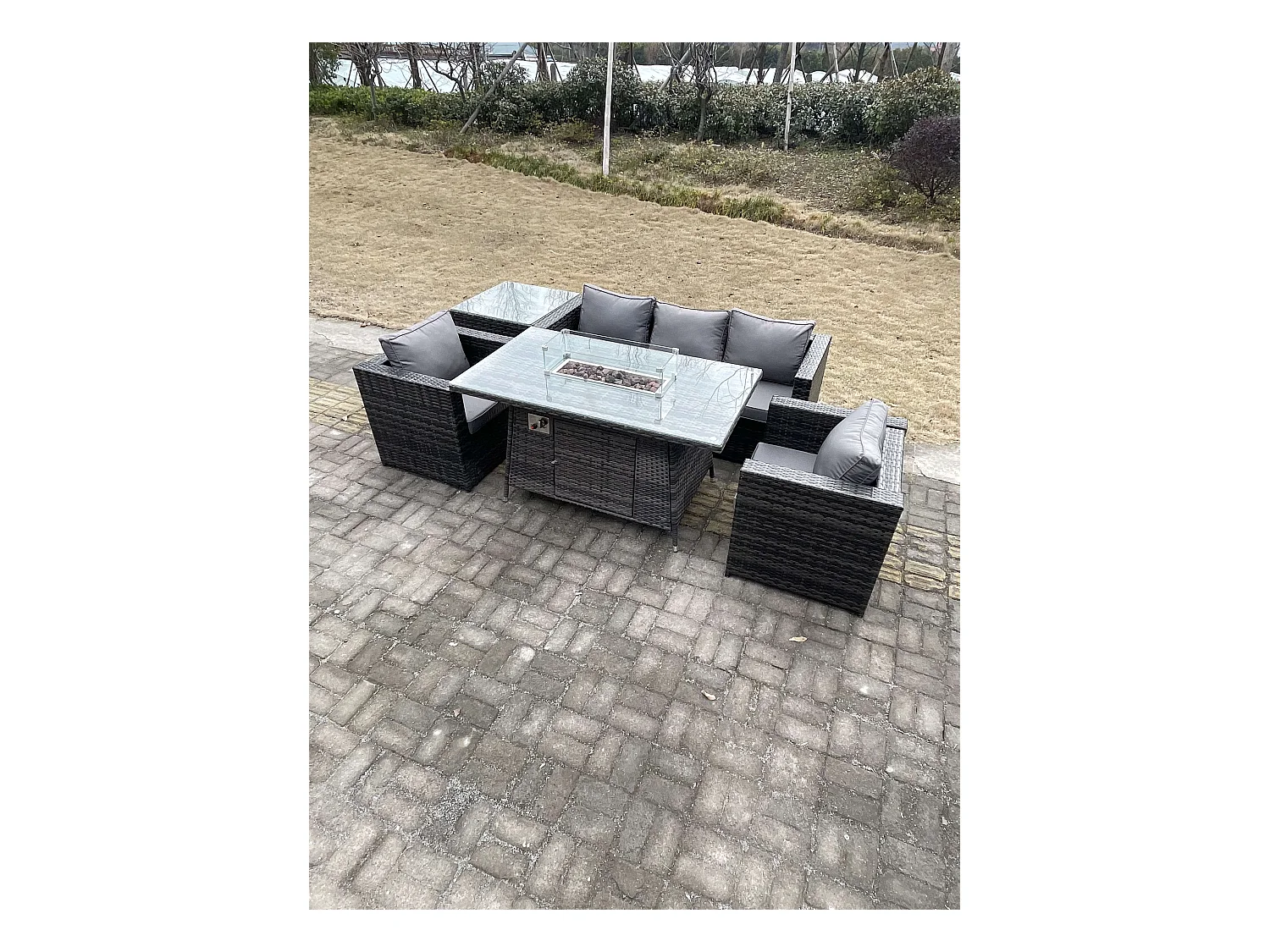 5 Places Meubles de jardin en rotin ave Table de foyer à gaz canapé Table d'appoint Mélange gris foncé