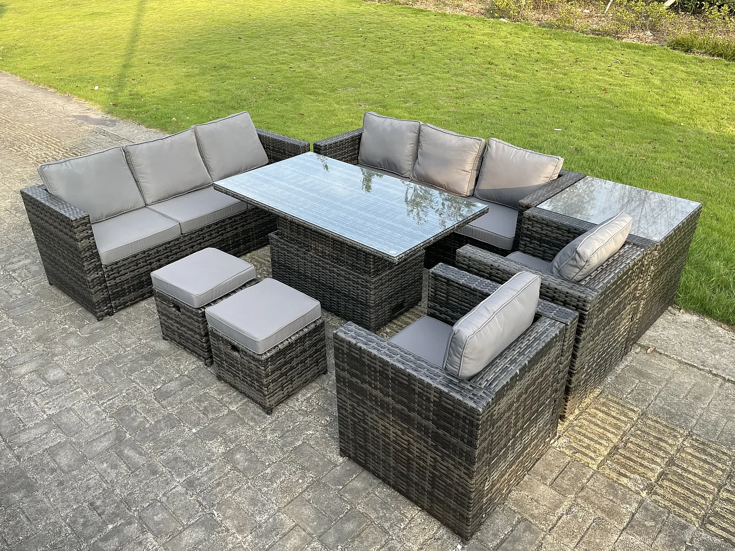 Fimous 10 Seater Outdoor Rattan Garden Furniture Adjustable Rising Lifting Side Tables Small Footstools Dark Grey Mixed