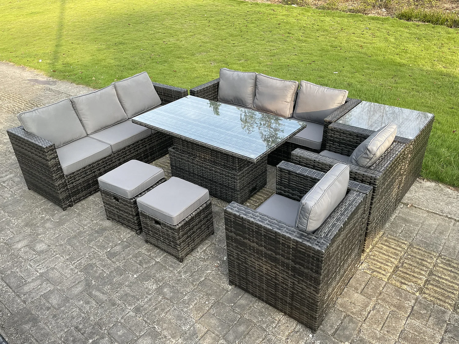 Fimous 10 Seater Outdoor Rattan Garden Furniture Adjustable Rising Lifting Side Tables Small Footstools Dark Grey Mixed