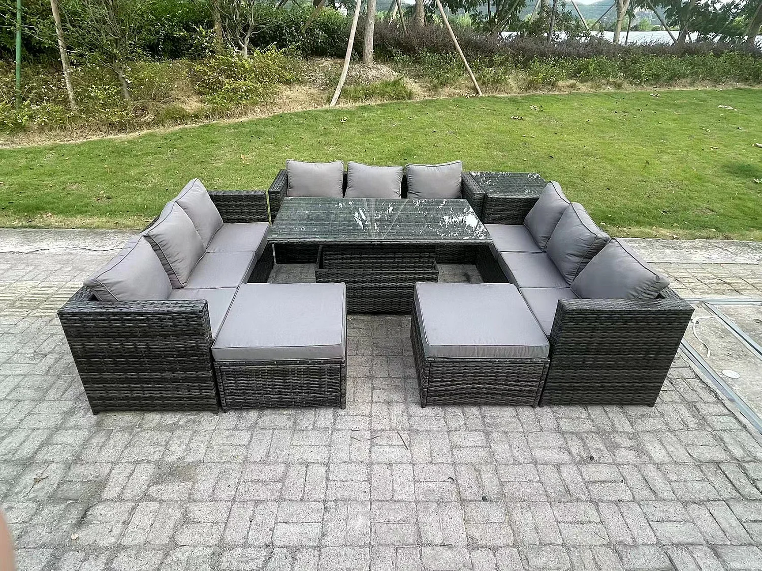 Ensemble de meubles de jardin en rotin ave Table à manger réglable en hauteur 3 canapé 2 Tabourets Table d'appoint Mélange gris foncé