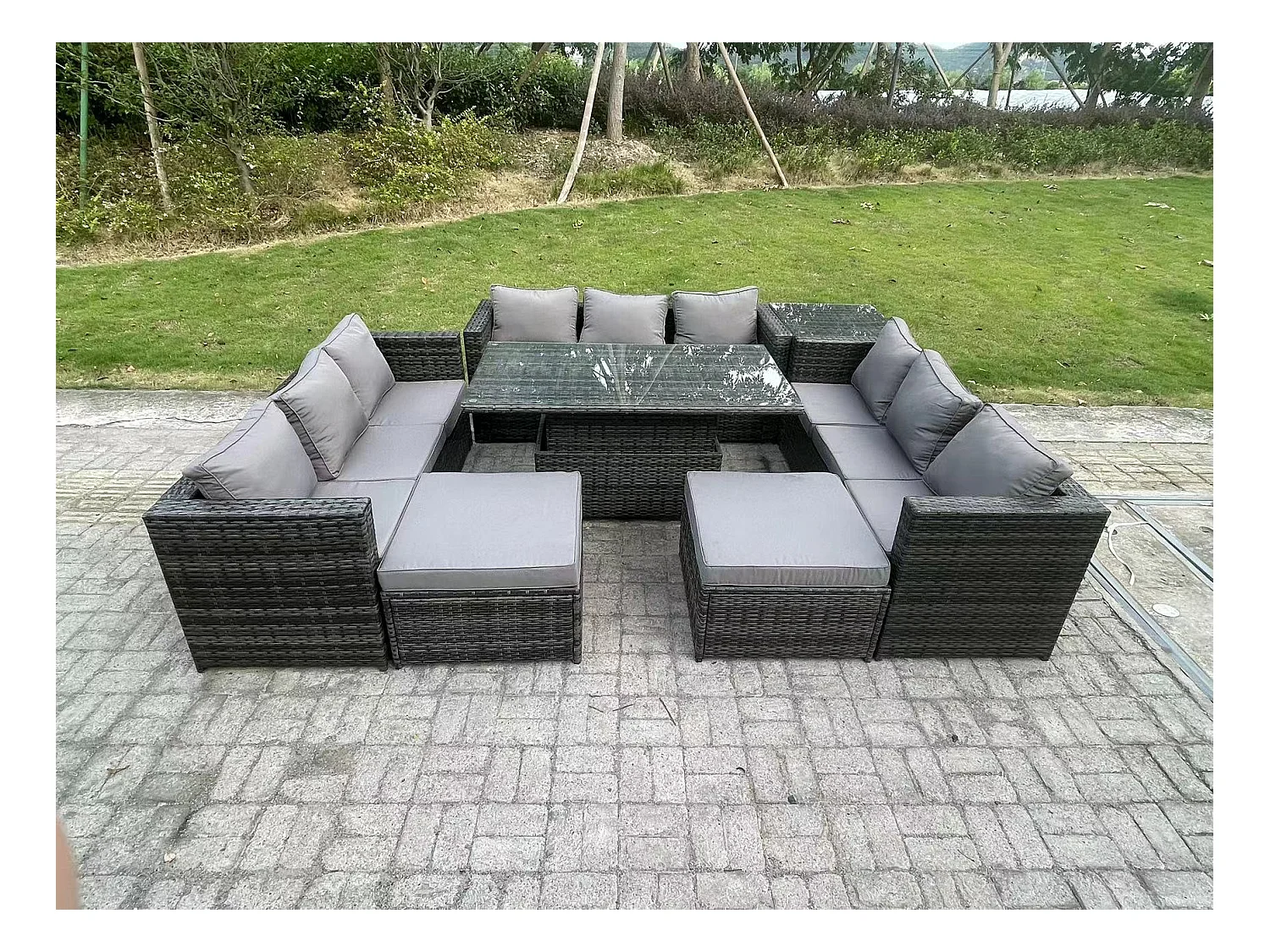 Ensemble de meubles de jardin en rotin ave Table à manger réglable en hauteur 3 canapé 2 Tabourets Table d'appoint Mélange gris foncé