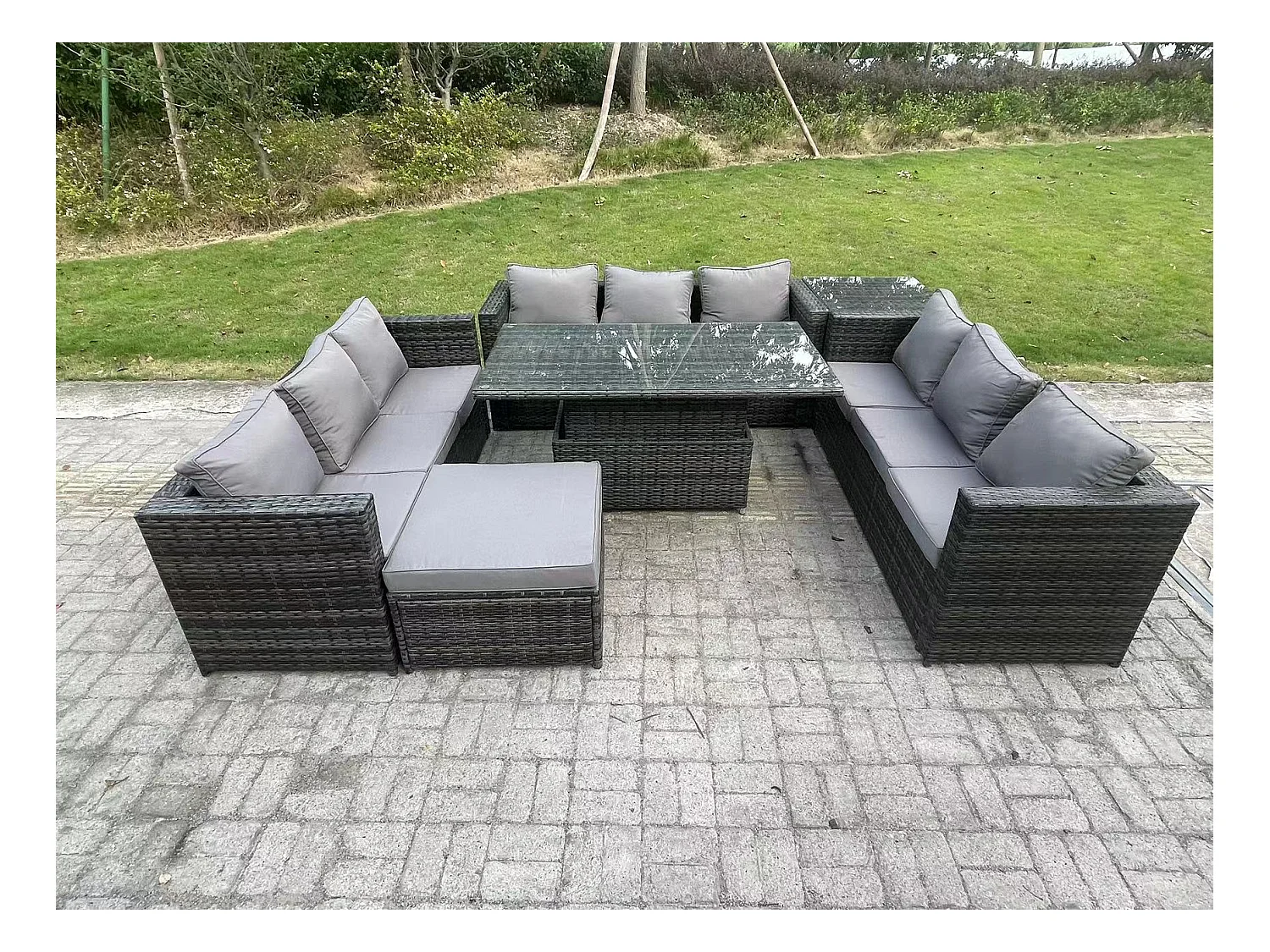 10-Sitzer Rattan Gartenmöbel Set mit Sofa Einstellbare Höhe Esstisch Dunkelgrau gemischt