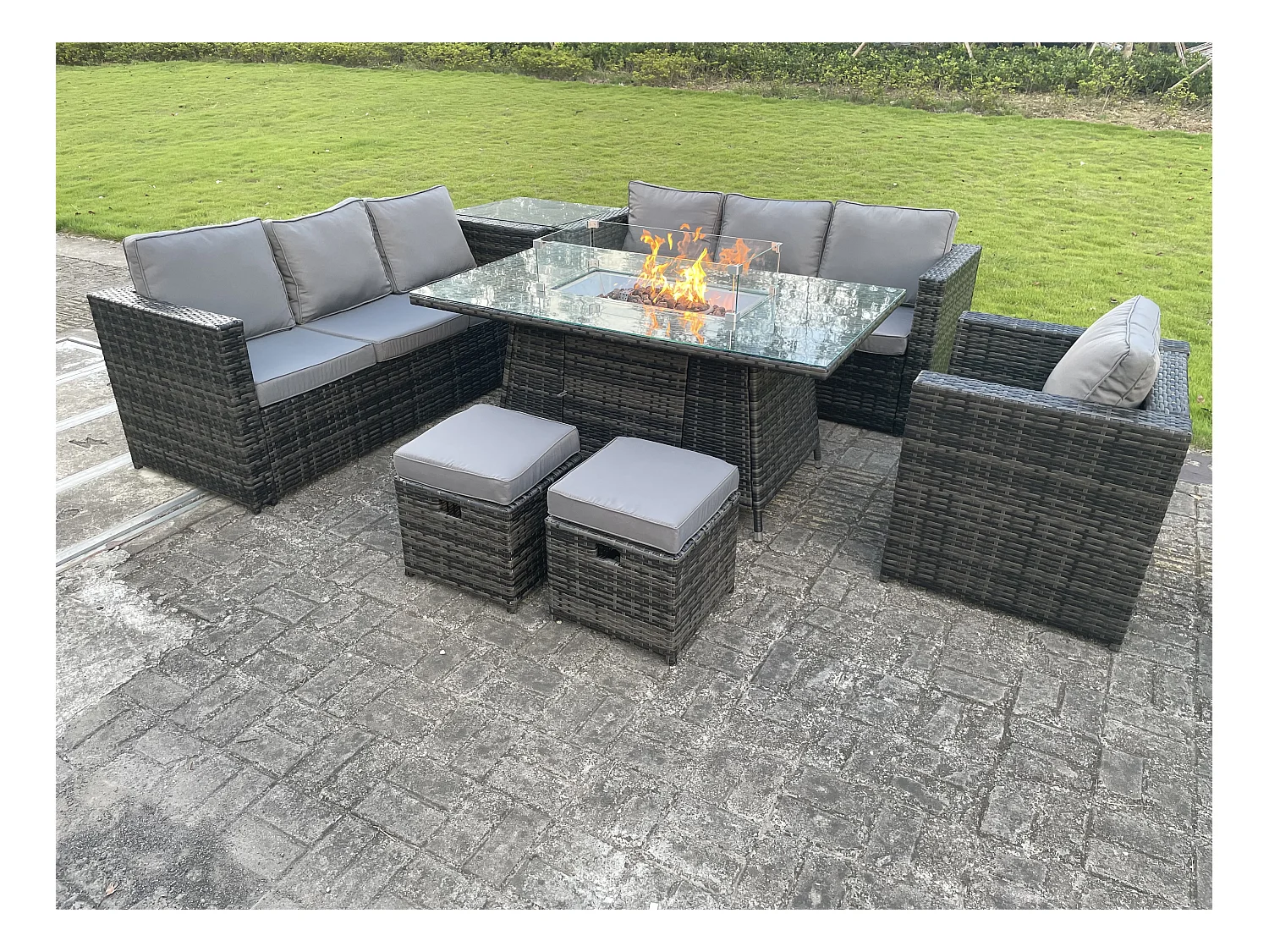 9 places Mobilier À Dîner De Jardin en rotin ave Table de foyer à gaz Canapé Table d'appoint Tabourets Chaises Mélange gris foncé