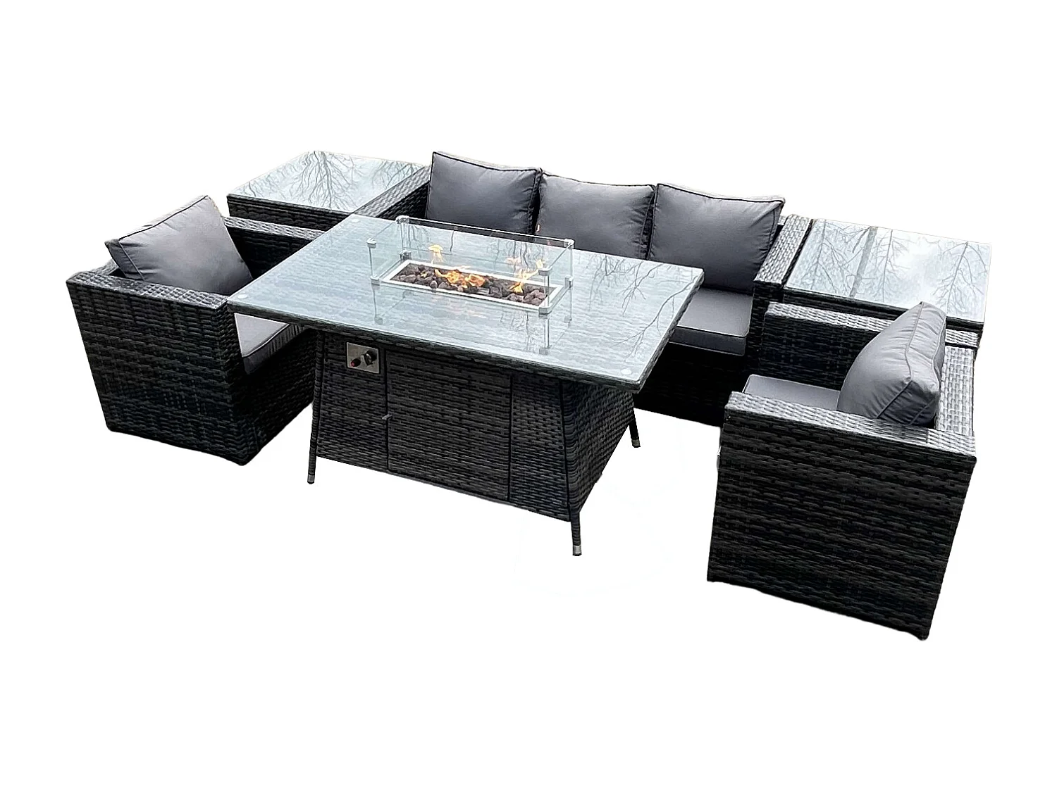 5-Sitzer Rattan Gartenmöbel Set mit Gas Feuertisch Sofa 2 Sessel