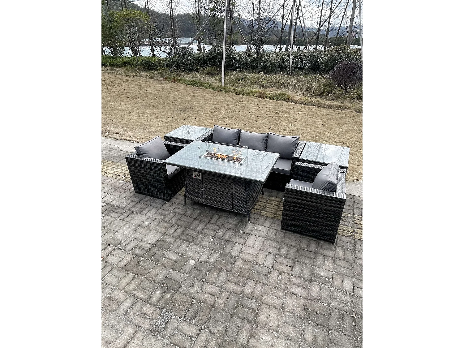 5-Sitzer Rattan Gartenmöbel Set mit Gas Feuertisch Sofa 2 Sessel