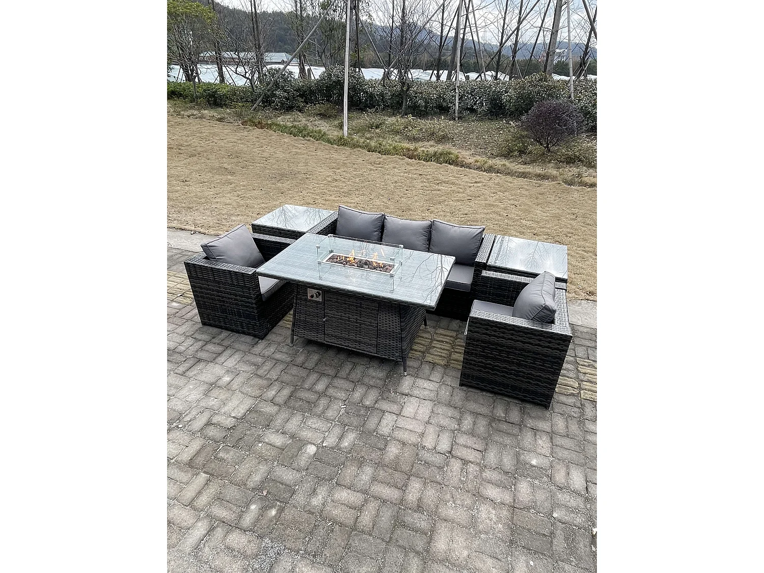 5-Sitzer Rattan Gartenmöbel Set mit Gas Feuertisch Sofa 2 Sessel