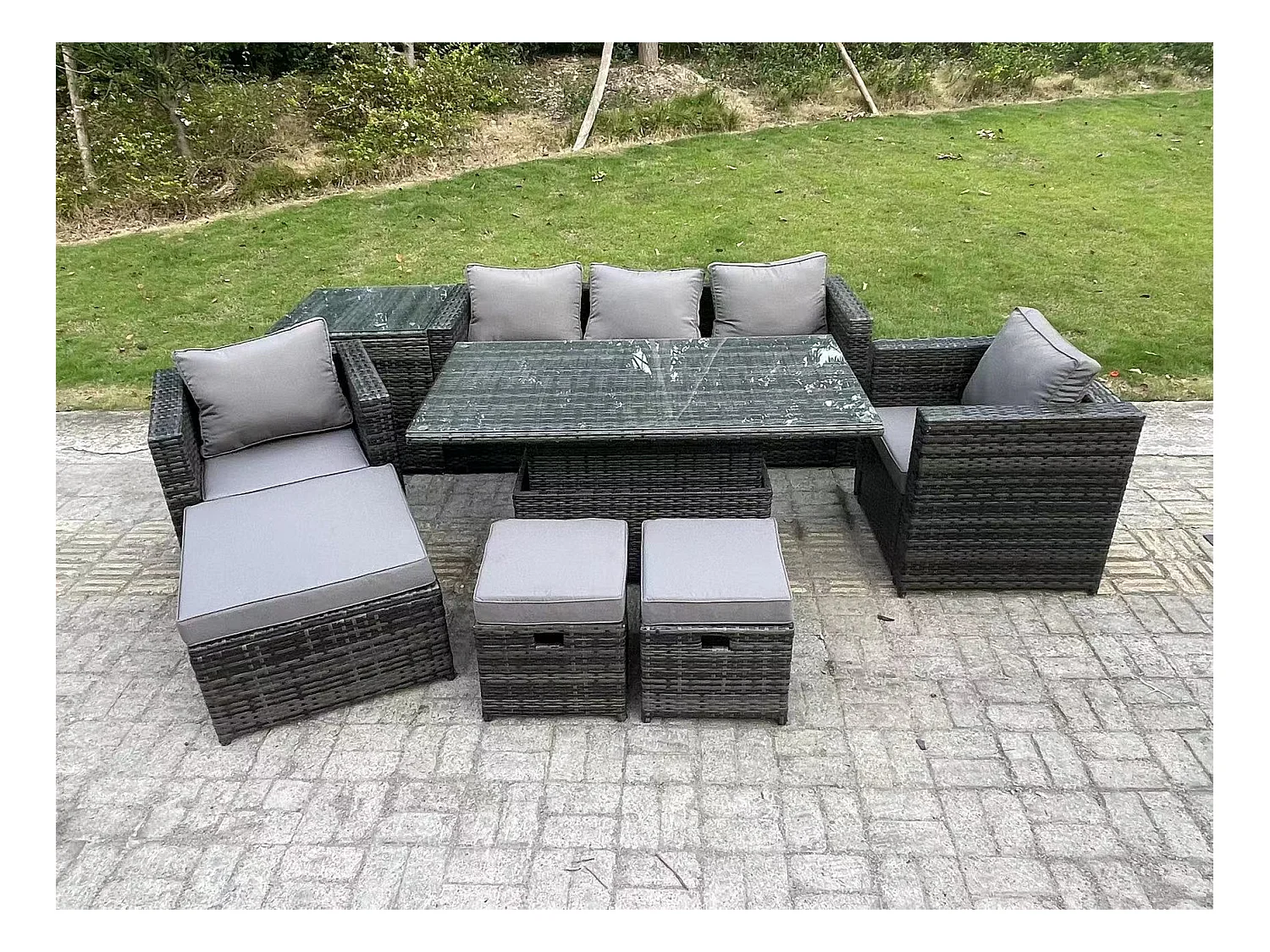 8 Places Ensemble de meubles de jardin en rotin ave Table à manger réglable en hauteur canapé Chaises 3 Tabourets Table d'appoint Mélange gris foncé