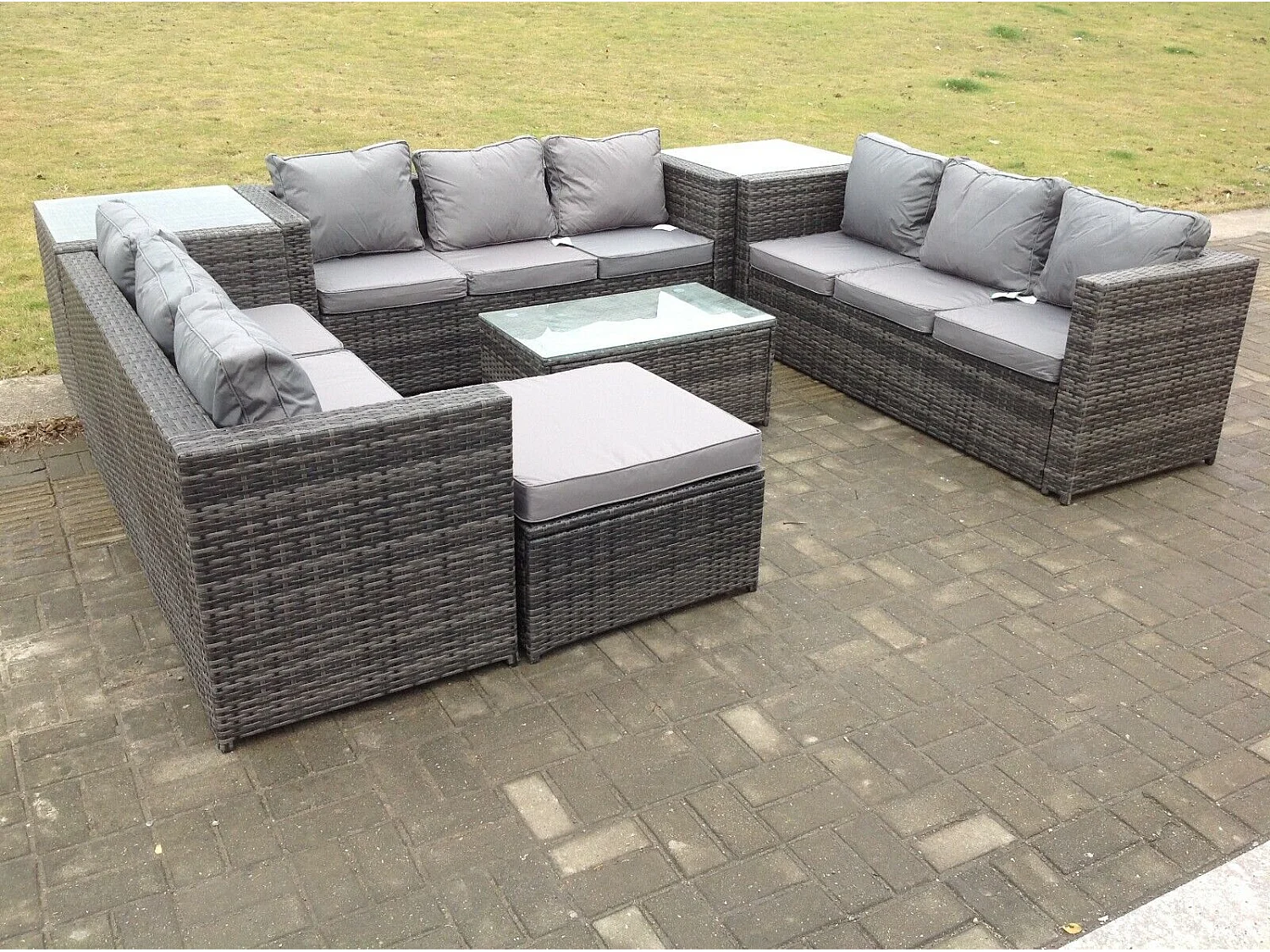 10 places Meubles de Jardin en rotin ave Canapé Table basse Tabourets 2 Table d'appoint Mélange gris foncé