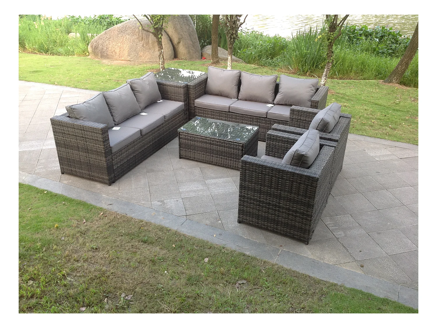 Meubles de jardin en rotin ave Table d'appoint 2 Chaises 3 Places canapé Table basse carrée Mélange gris foncé