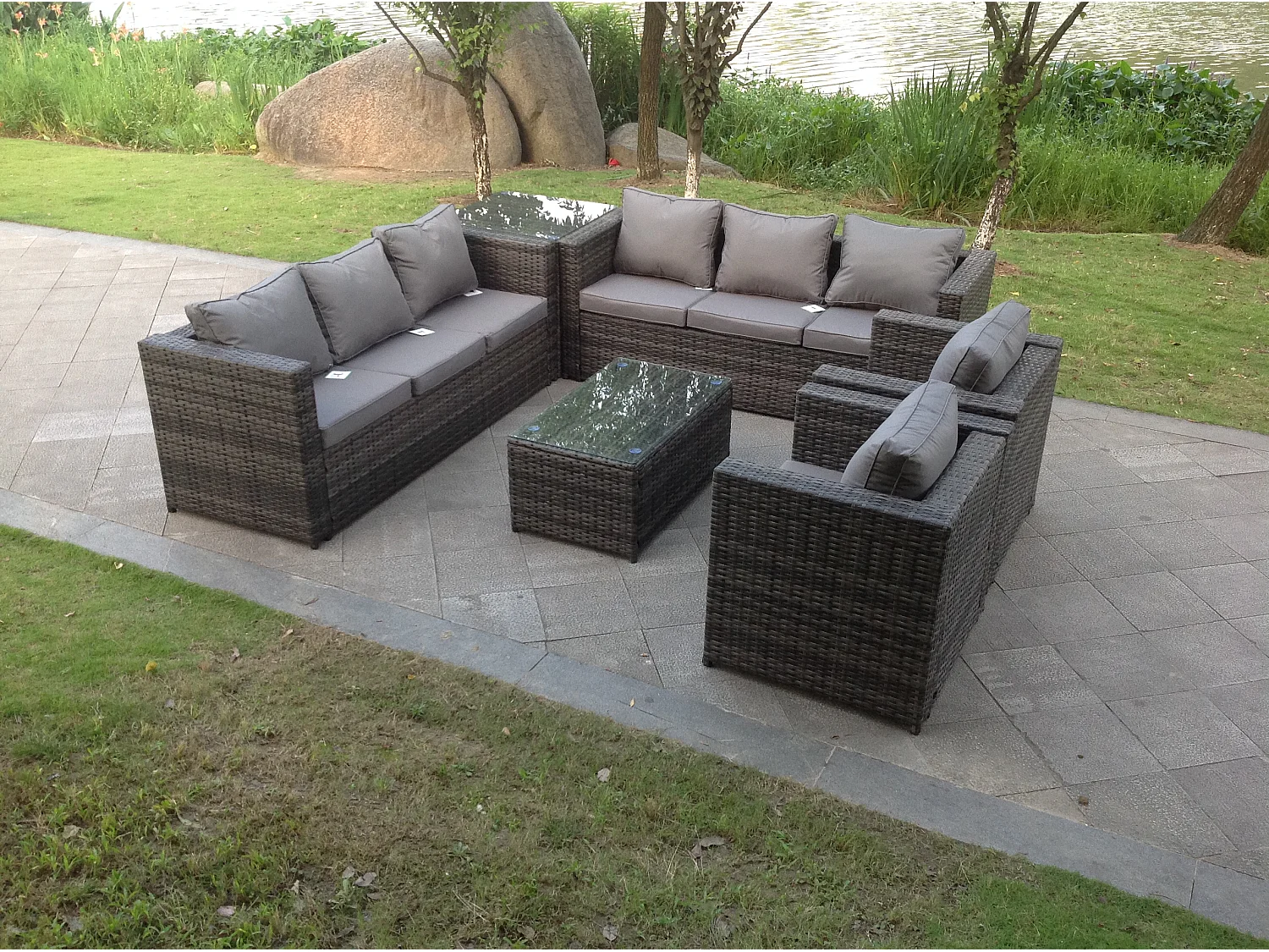 Fimous 8 Seater Outdoor Rattn Garden Furniture Sofa Set Rectangular Coffee Table Lounge Sofa Chair With Side Coffee Table