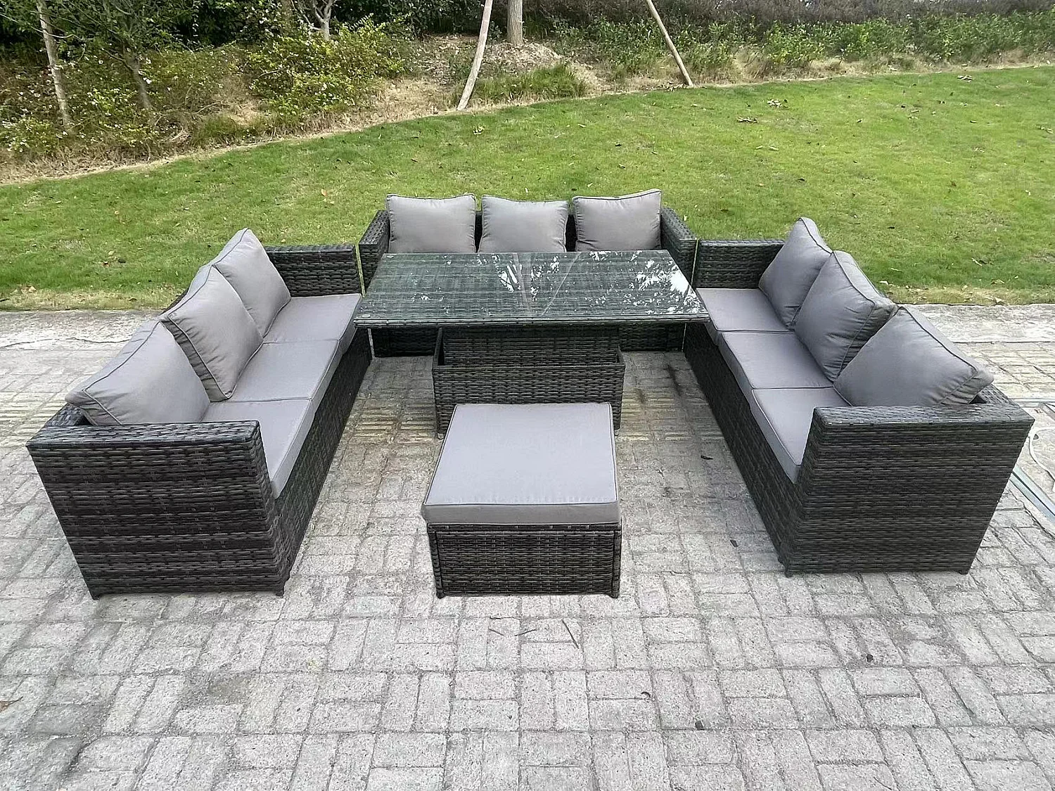 Fimous 10 Seater Rattan Garden Furniture Sofa Set Outdoor Adjustable Rising Lifting Dining Table Set with Big Footstool Dark Grey Mixed