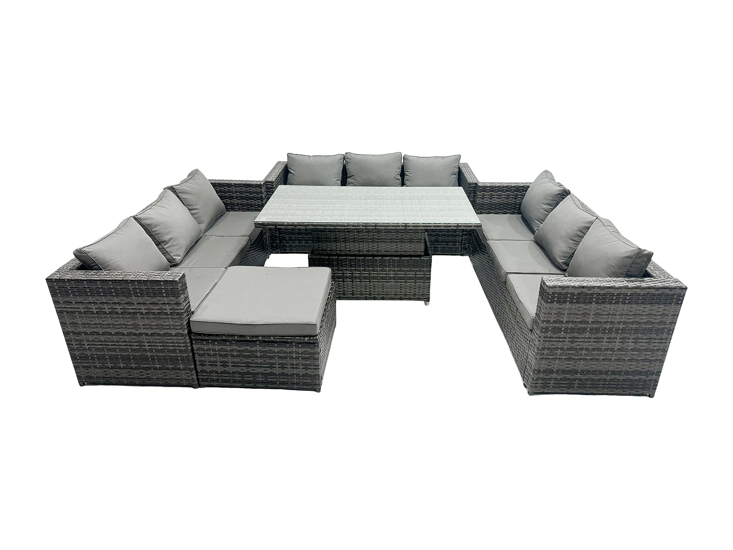 Fimous 10 Seater Rattan Garden Furniture Sofa Set Outdoor Adjustable Rising Lifting Dining Table Set with Big Footstool Dark Grey Mixed