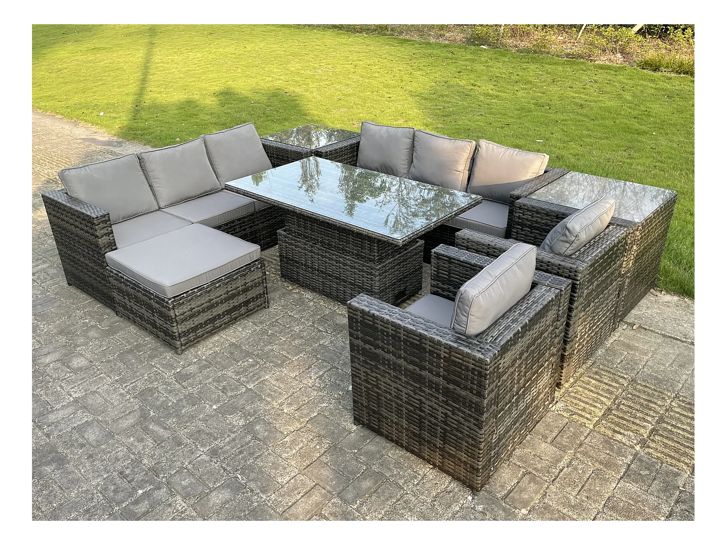 Rattan Gartenmöbel Set mit Einstellbare Höhe Esstisch 2 Sofa 2 Sessel 2 Beistelltisch Hocker