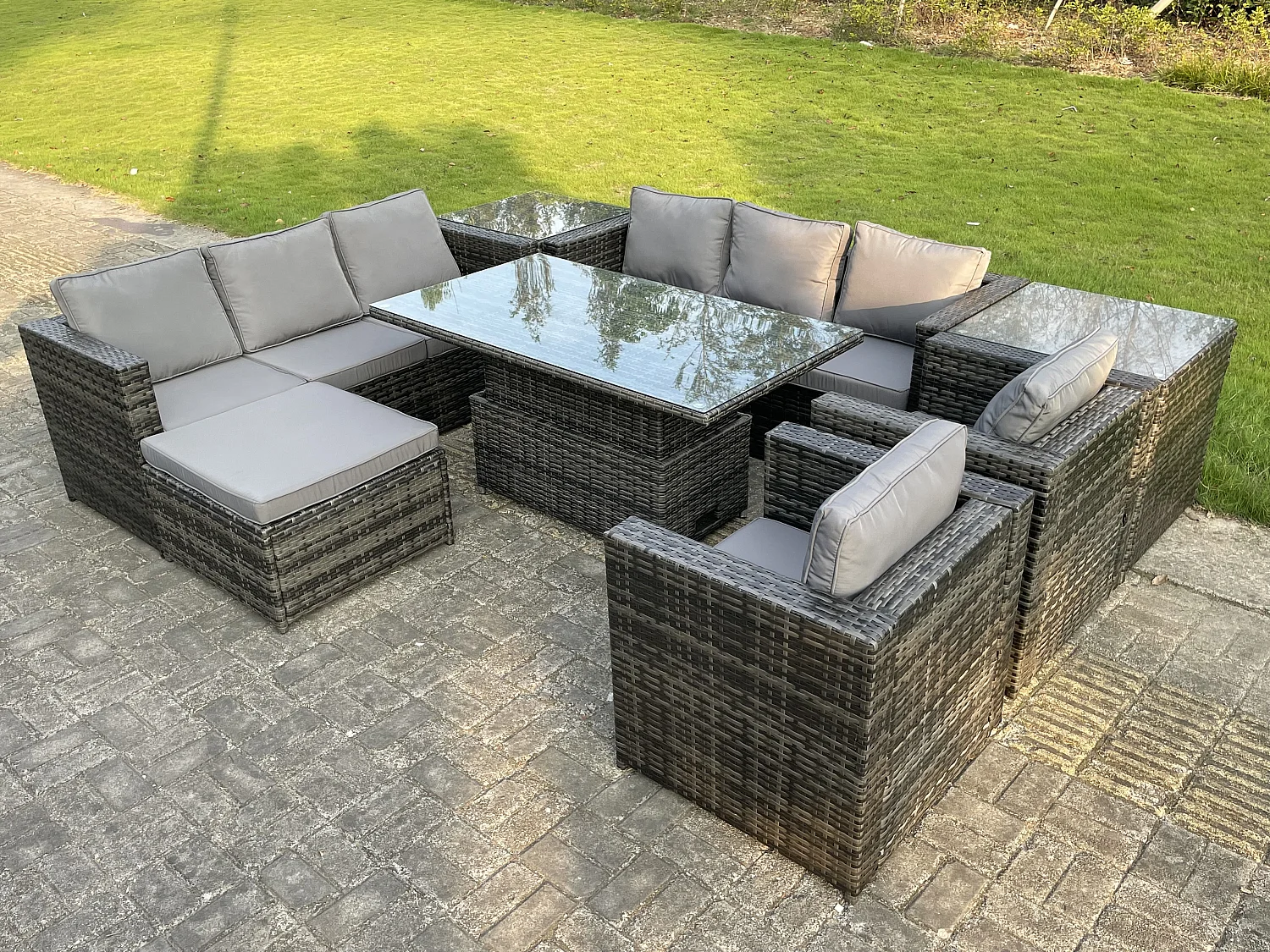 Fimous 9 Seater Outdoor Rattan Garden Furniture Adjustable Rising Lifting Table With 2 Side Coffee Tables Chairs Footstool