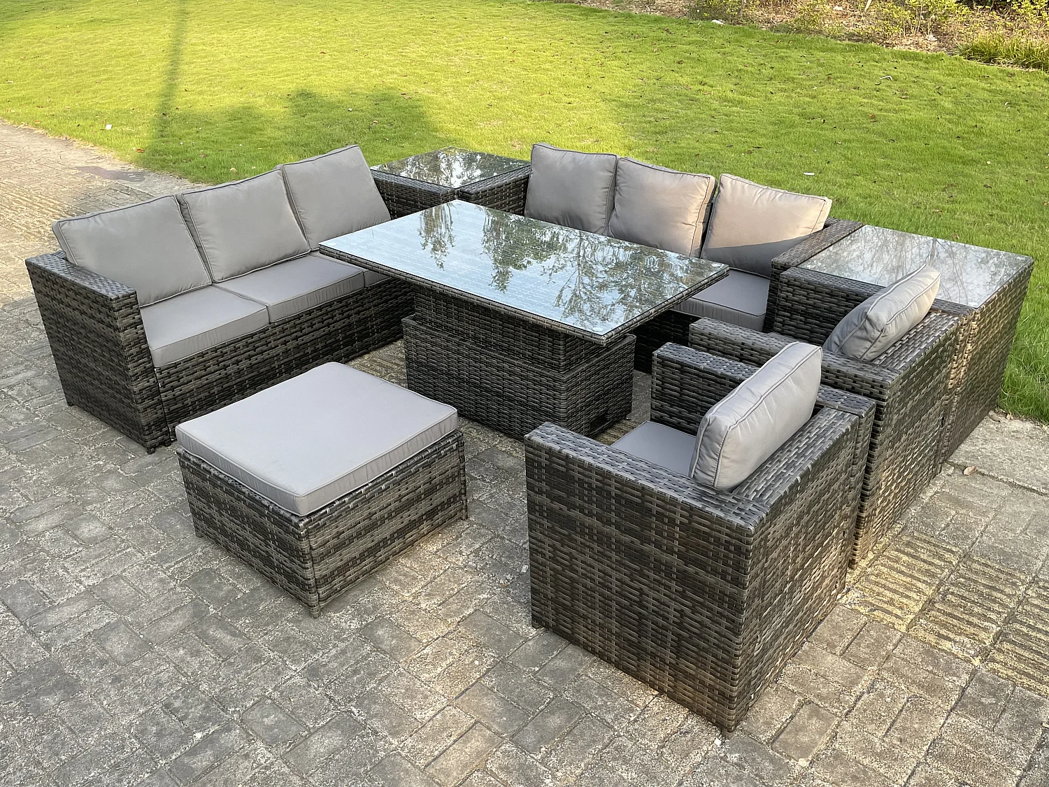 Fimous 9 Seater Outdoor Rattan Garden Furniture Adjustable Rising Lifting Table With 2 Side Coffee Tables Chairs Footstool