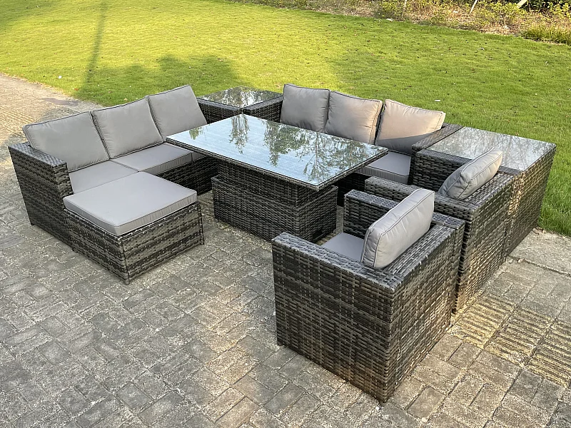 Meubles de Jardin en rotin ave Table élévatrice 2 Canapé 2 Fauteuil 2 Table d'appoint Tabourets Mélange gris foncé