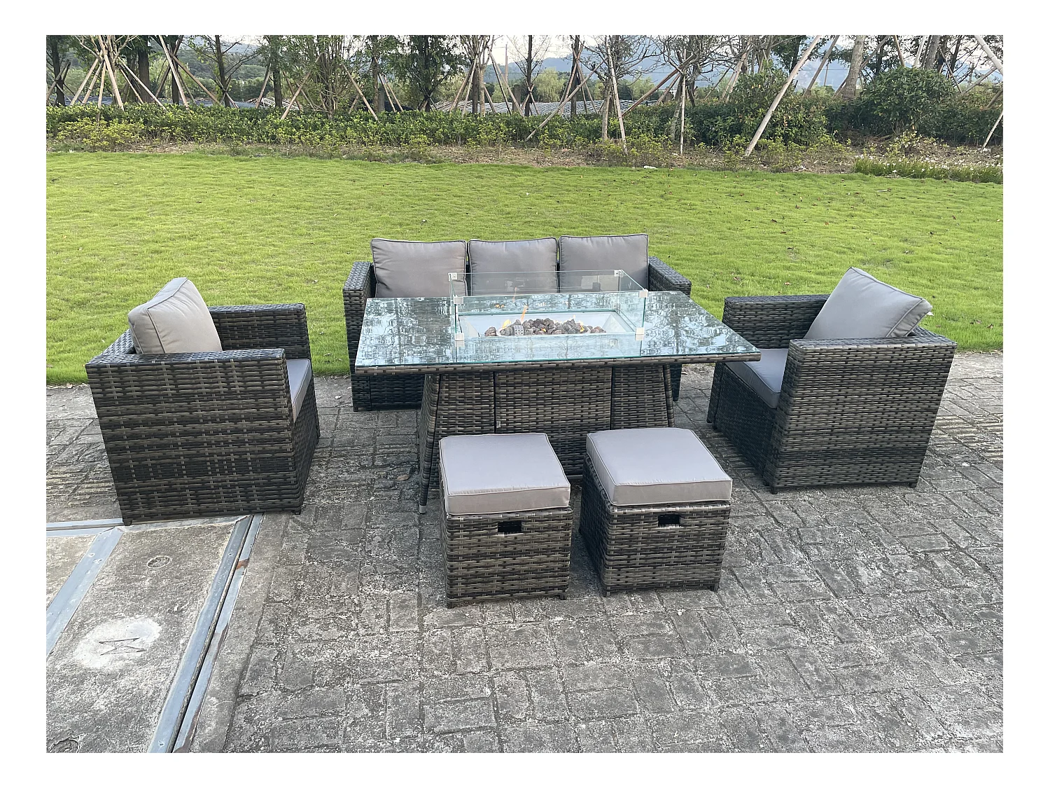 Meubles de Jardin en rotin ave Canapé 2 Chaises Table de foyer à gaz 2 Tabourets Mélange gris foncé