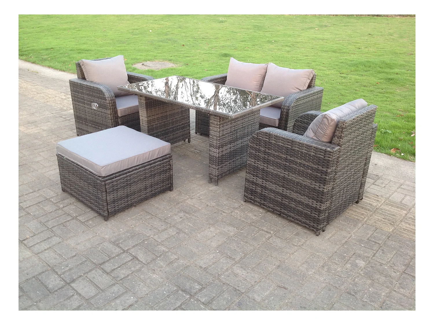 Meubles de jardin en rotin ave Table à manger Canapé d'amour Chaises inclinable Tabourets Mélange gris foncé