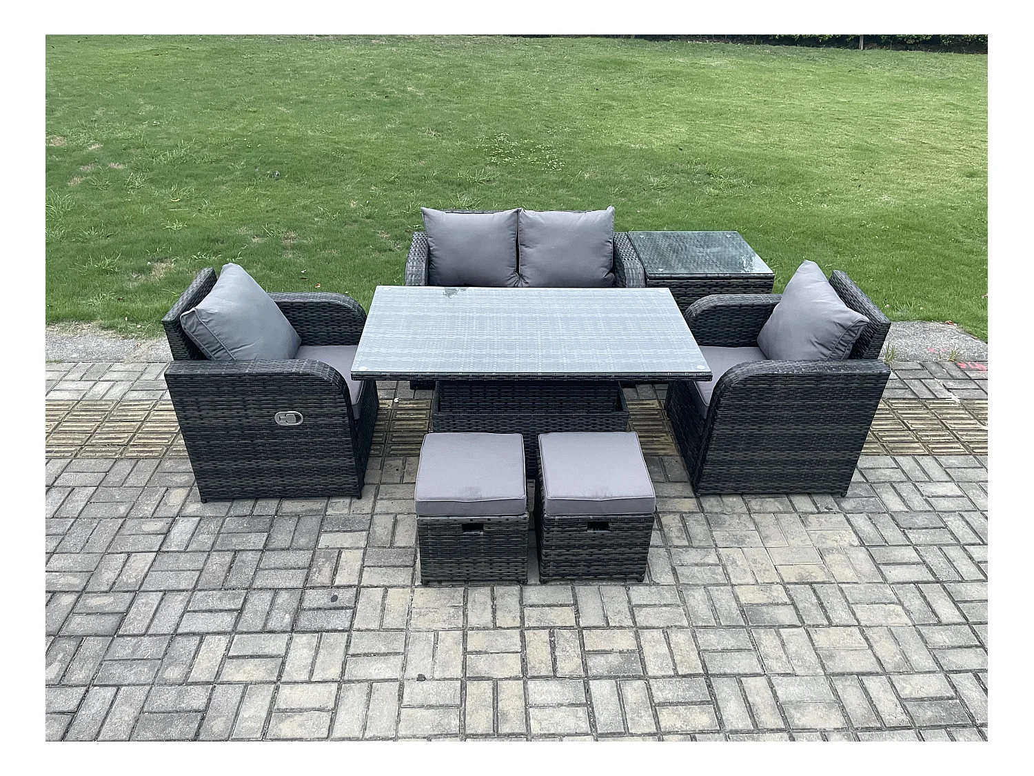 Rattan Gartenmöbel Set mit Einstellbare Höhe Esstisch Sessel inclinable Love Sofa Beistelltisch