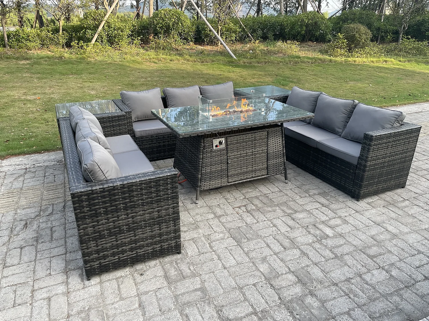 9 places Mobilier À Dîner De Jardin en rotin ave Table de foyer à gaz Canapé 2 Table d'appoint Mélange gris foncé