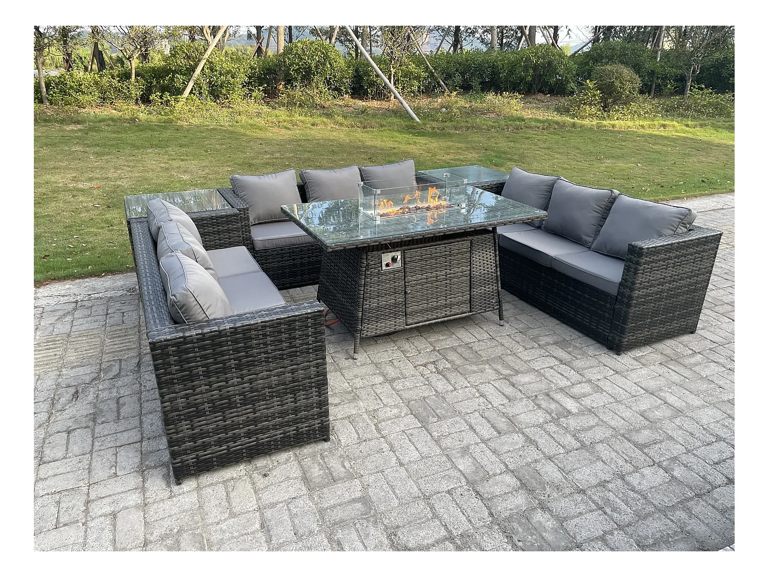 9 places Mobilier À Dîner De Jardin en rotin ave Table de foyer à gaz Canapé 2 Table d'appoint Mélange gris foncé