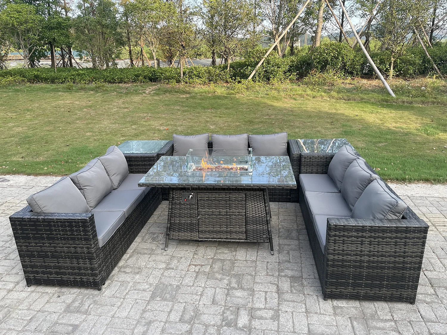 Fimous Outdoor Rattan Garden Furniture Gas Fire Pit Dining Table Gas Heater Sets Side Tables Dark Mixed Grey 9 Seater