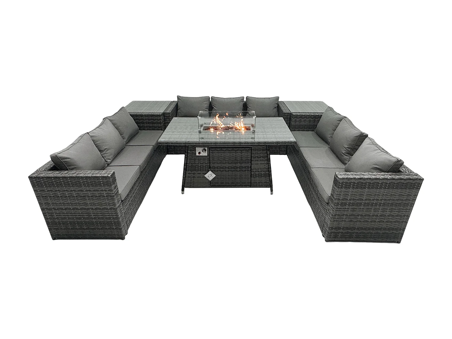 Fimous Outdoor Rattan Garden Furniture Gas Fire Pit Dining Table Gas Heater Sets Side Tables Dark Mixed Grey 9 Seater