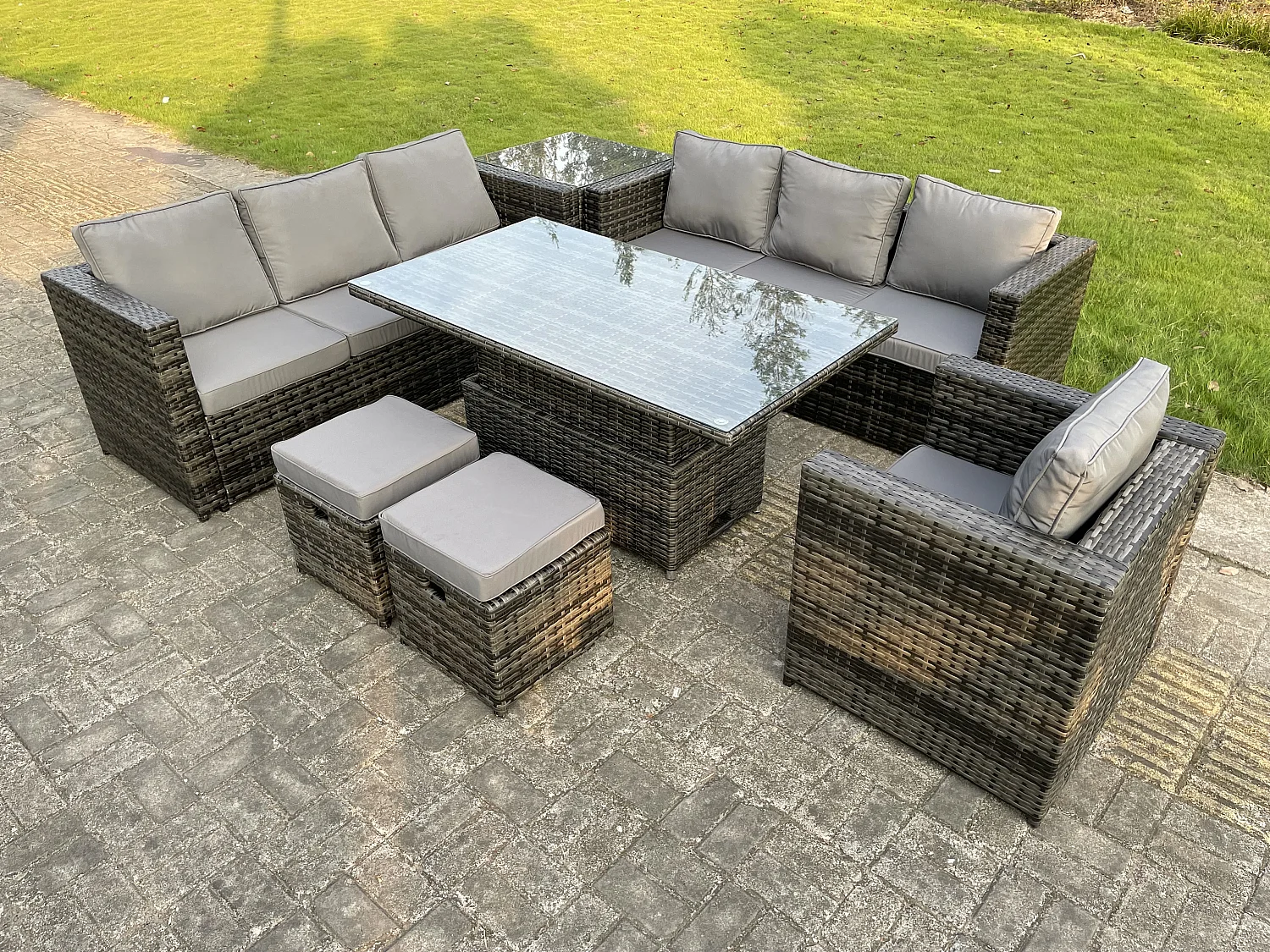 Fimous 9 Seater Outdoor Rattan Sofa Set Adjustable Rising Lifting Side Tables Chairs Footstool Dark Grey Mixed