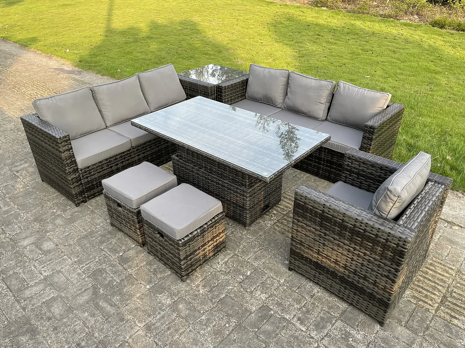 Fimous 9 Seater Outdoor Rattan Sofa Set Adjustable Rising Lifting Side Tables Chairs Footstool Dark Grey Mixed