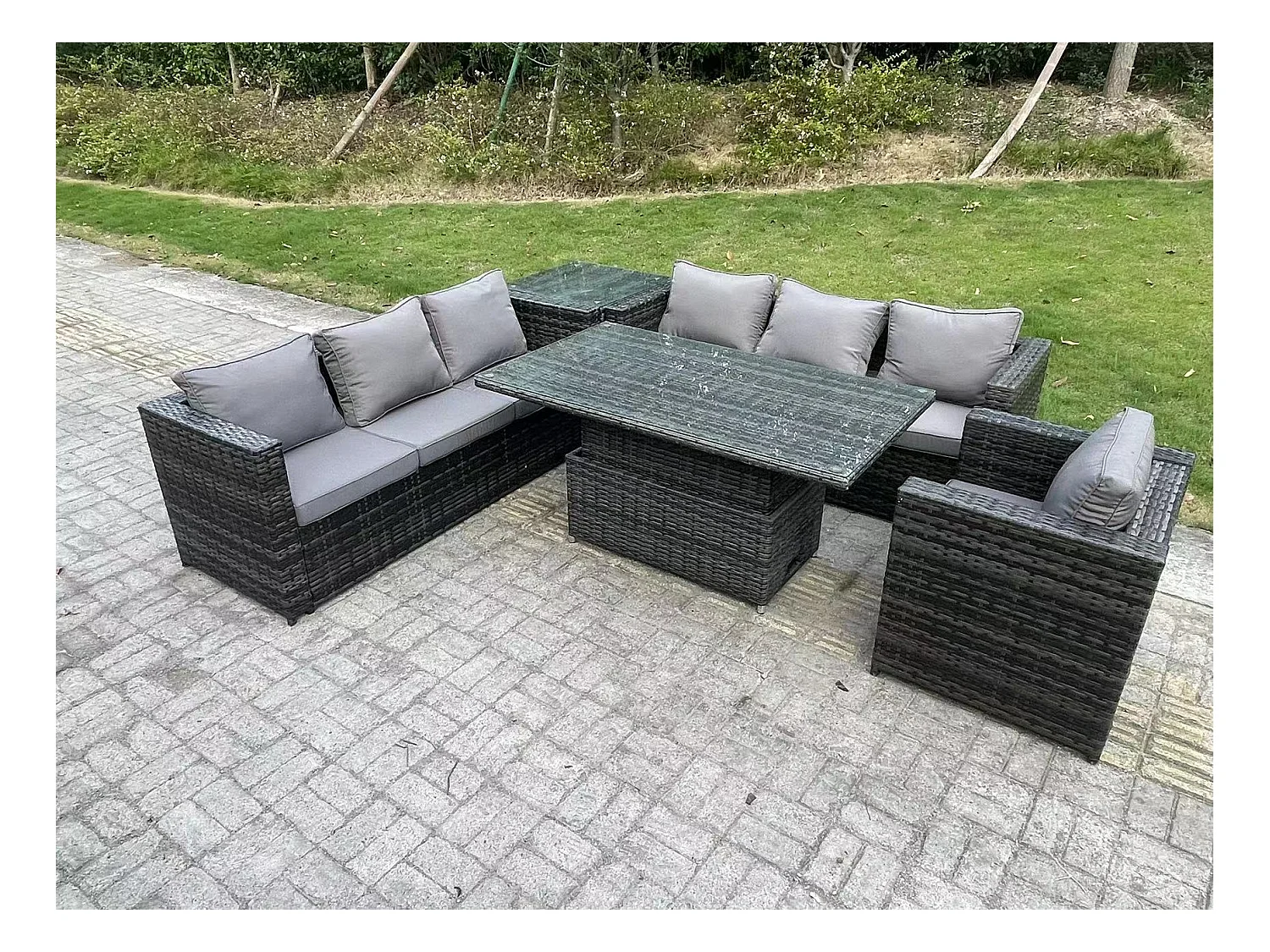 7 Places Ensemble de meubles de jardin en rotin ave Table à manger réglable en hauteur canapé Chaises Table d'appoint Mélange gris foncé