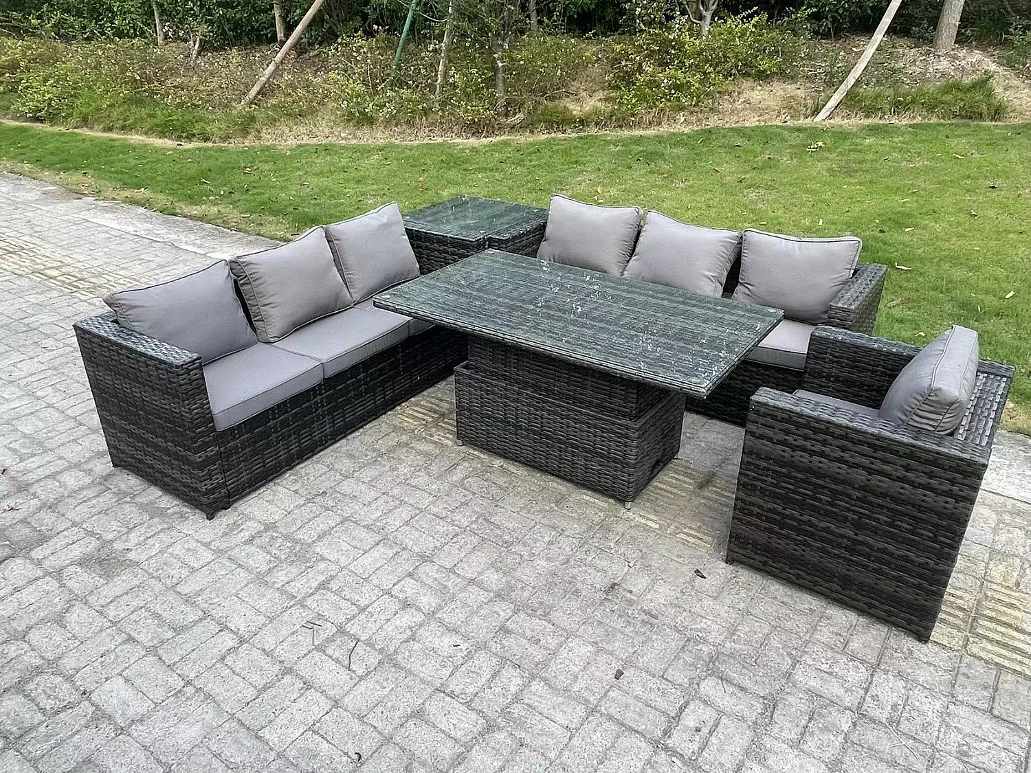 7-Sitzer Rattan Gartenmöbel Set Einstellbare Höhe Esstisch Sofa