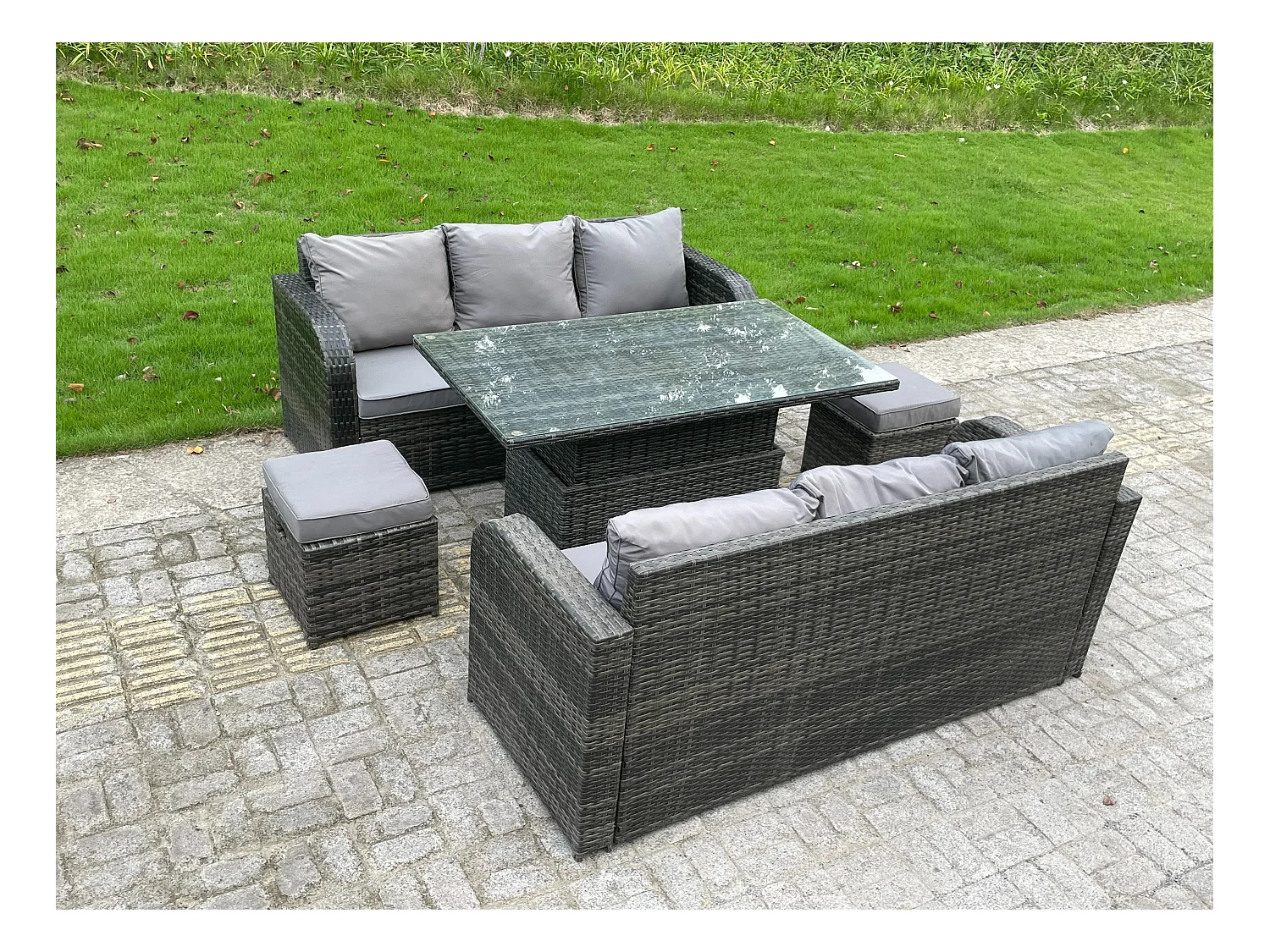 Gartenmöbel im Freien mit 2 Sofa Einstellbare Höhe Esstisch 2 Hocker
