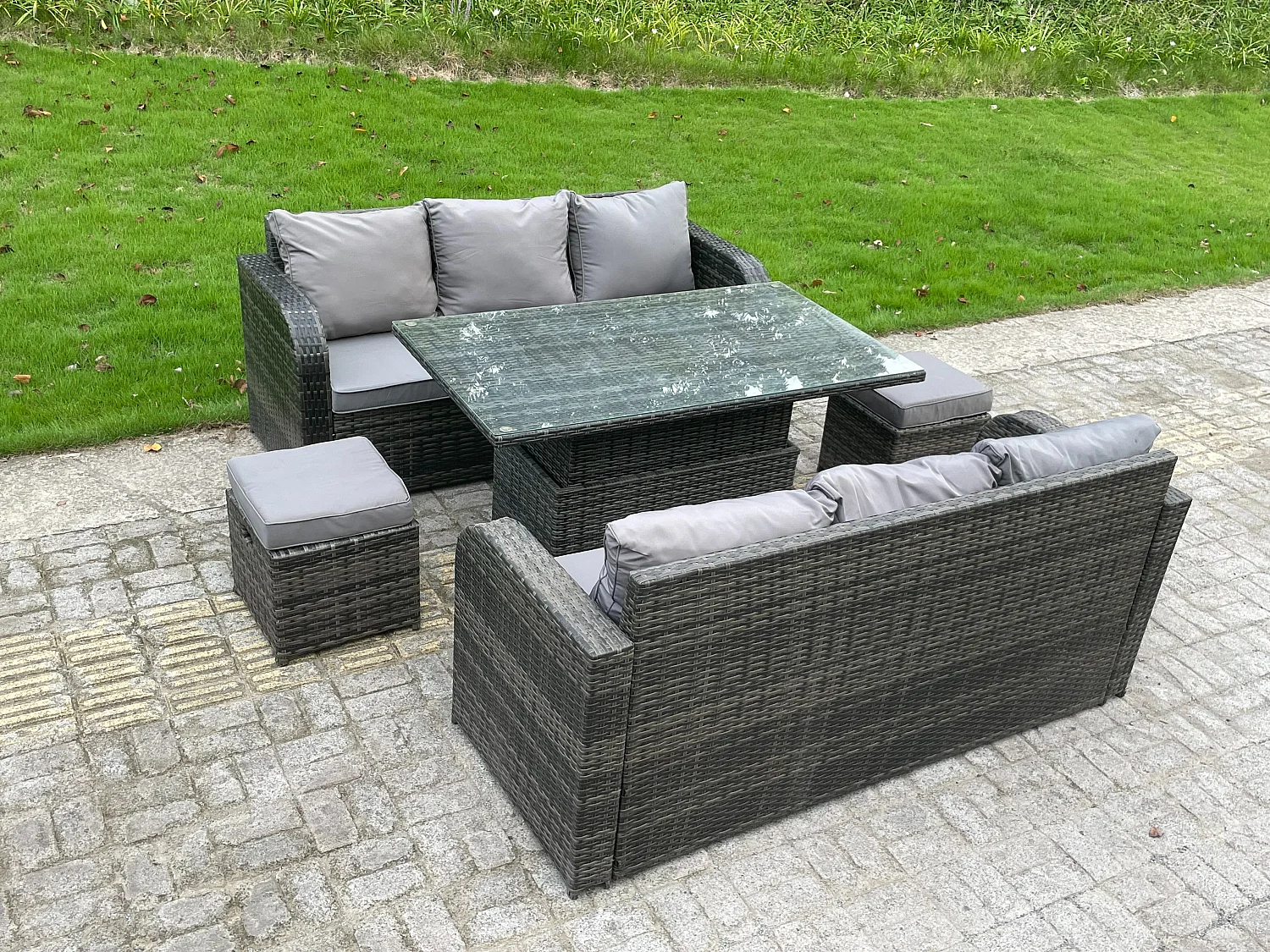 Gartenmöbel im Freien mit 2 Sofa Einstellbare Höhe Esstisch 2 Hocker