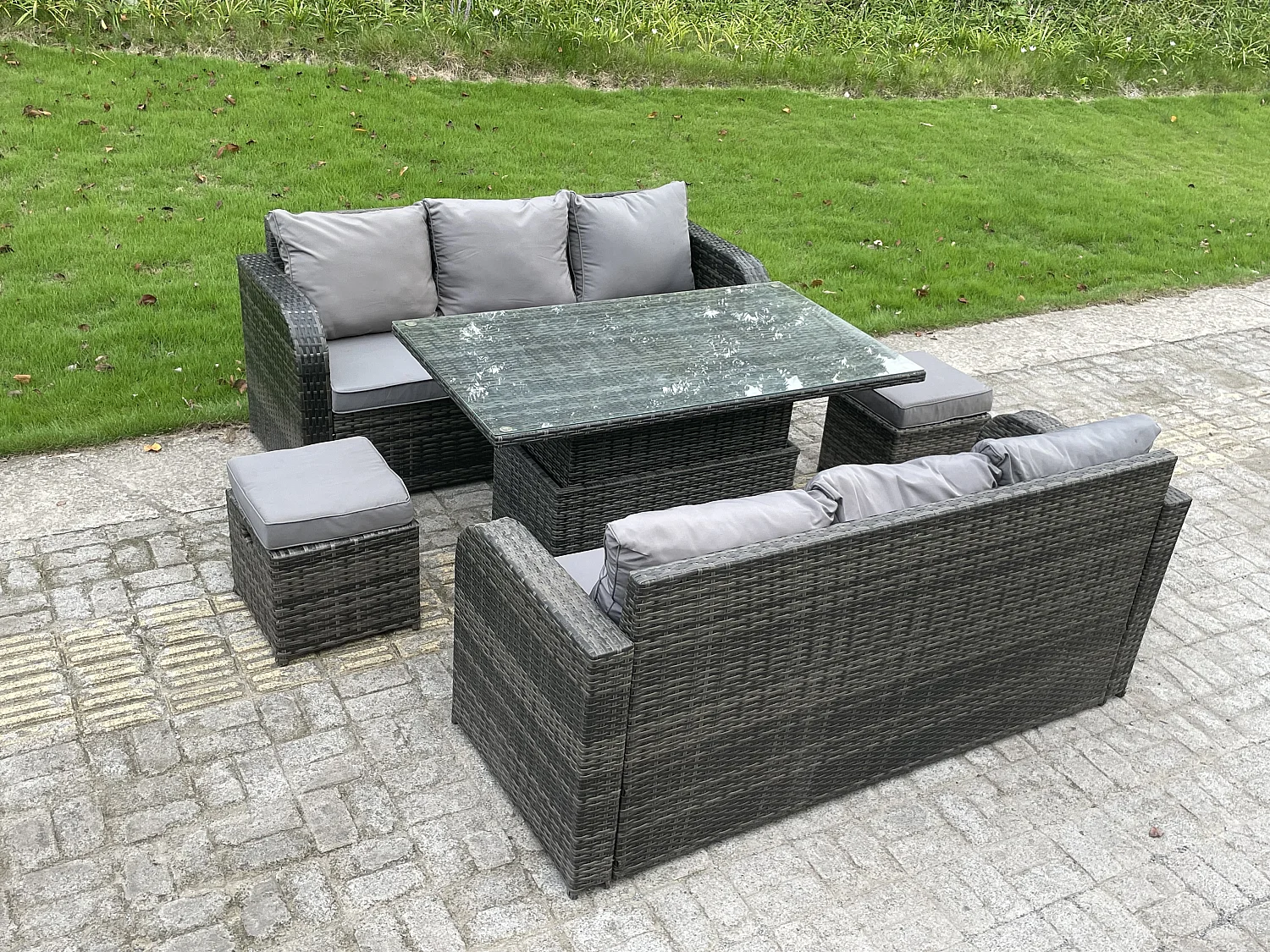 Fimous Outdoor Rattan Garden Furniture Sofa Set Dining Table Height Adjustable Rising lifting Table Lounge Sofa Small Footstools 8 Seater