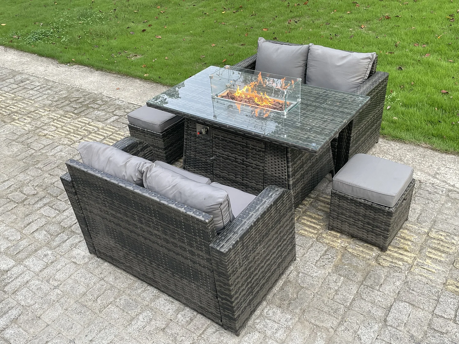 6 places Ensemble De Mobilier en rotin ave Canapé Table de foyer à gaz 2 Tabourets Mélange gris foncé