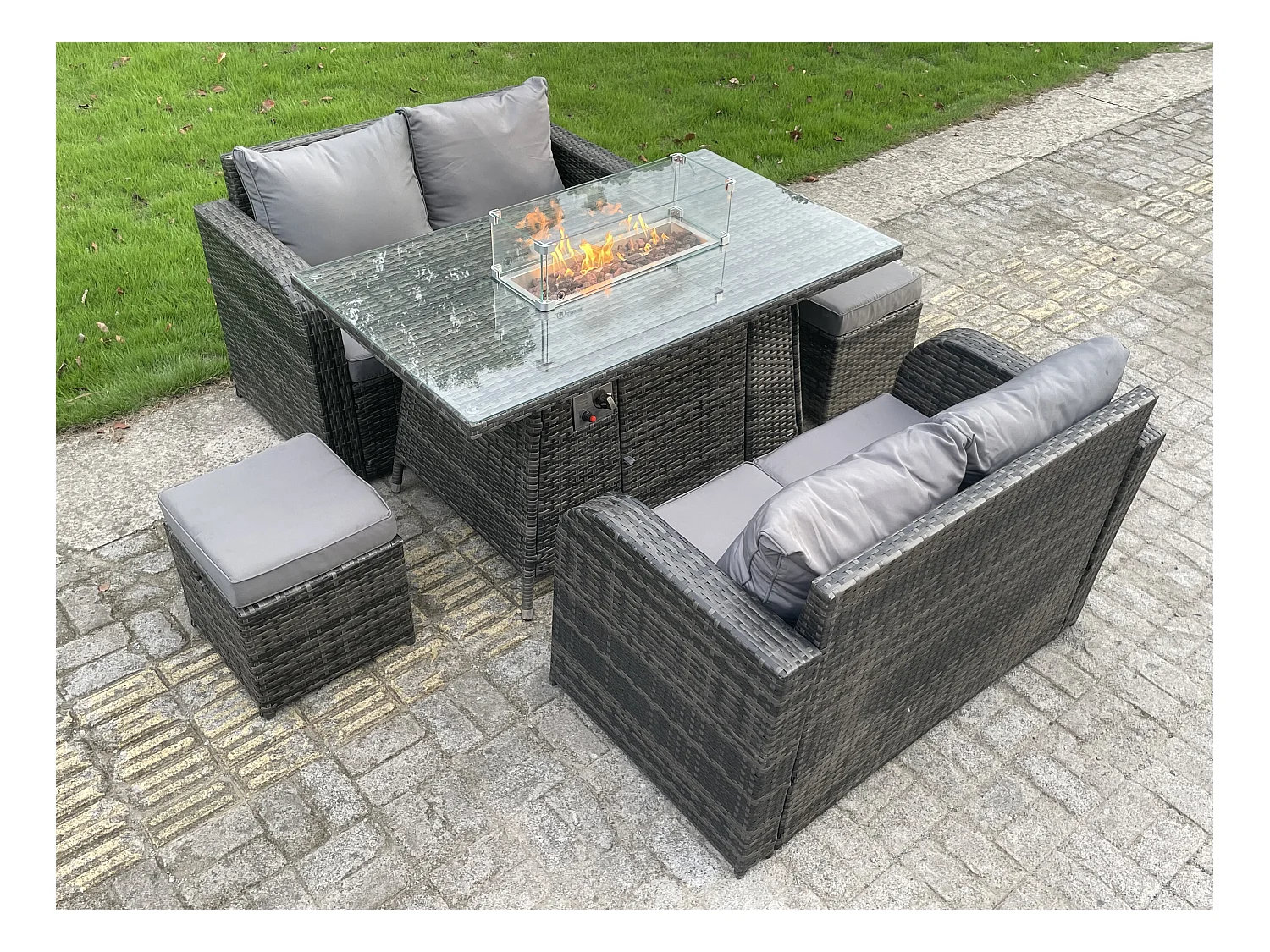 6 places Ensemble De Mobilier en rotin ave Canapé Table de foyer à gaz 2 Tabourets Mélange gris foncé